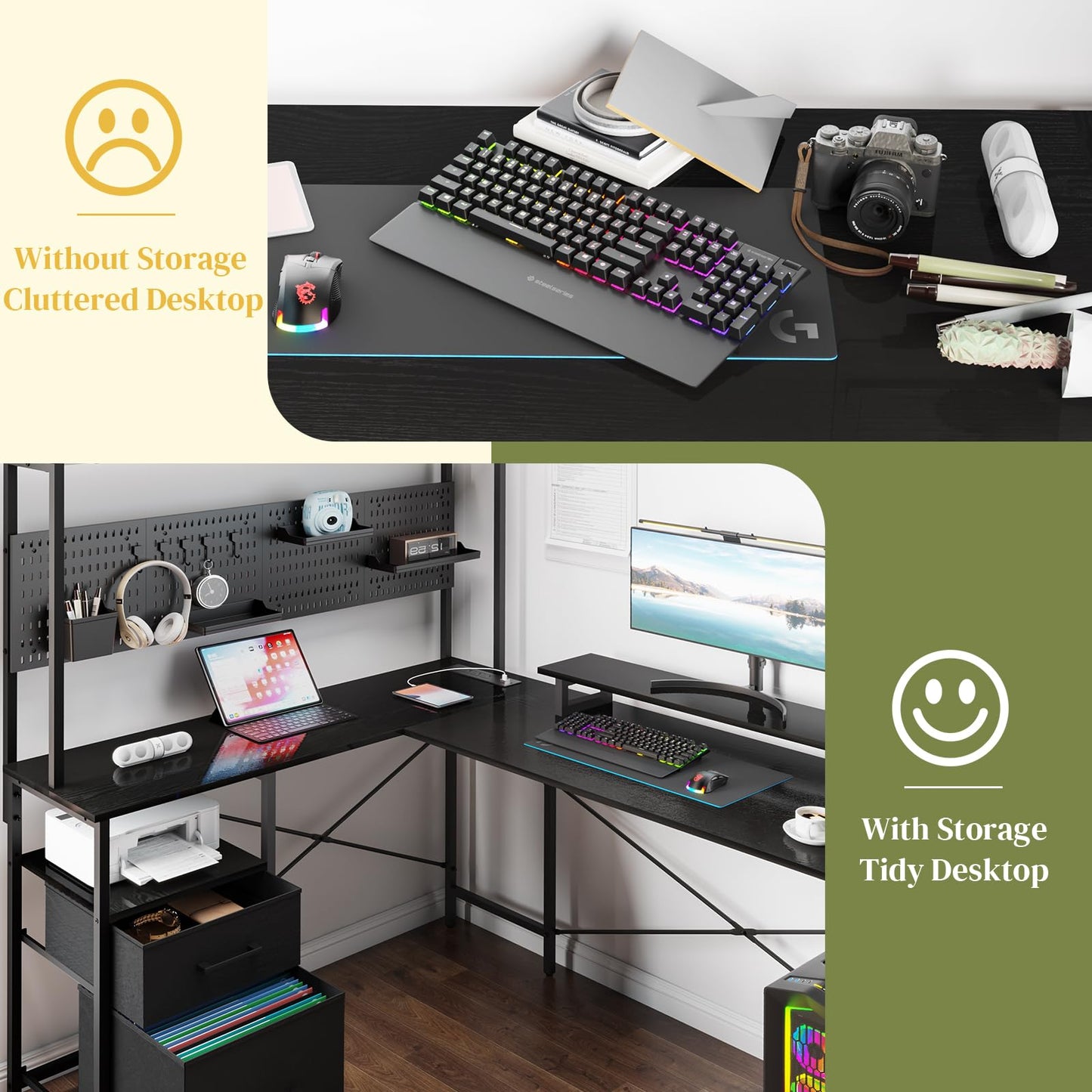 Yoobure L Shaped Desk with Pegboard, Reversible Computer Desk with Drawers & Storage Shelves, Gaming Desk with LED Lights & Power Outlets, Office Desk with Monitor Stand Corner Desk Home Office Desks