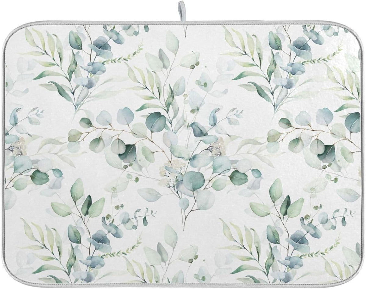 Green Sage Eucalyptus Leaves Dish Drying Mat for Kitchen Counter Absorbent Microfiber Drying Pad, Medium 16x18 in, Reversible Drainer Mats