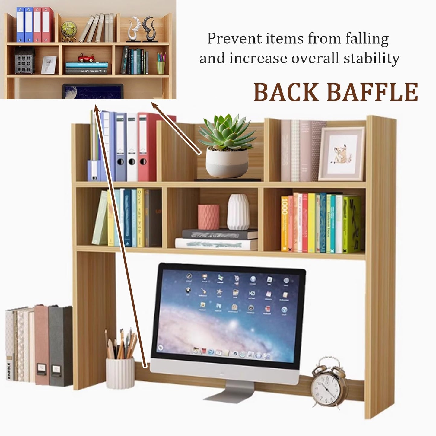 Dorm Desk Hutch, Wooden Desktop Shelf Organizer with 6 Cubbies for Computer Desk, Office, Dorm, Bedroom, White(70/80cm Length)