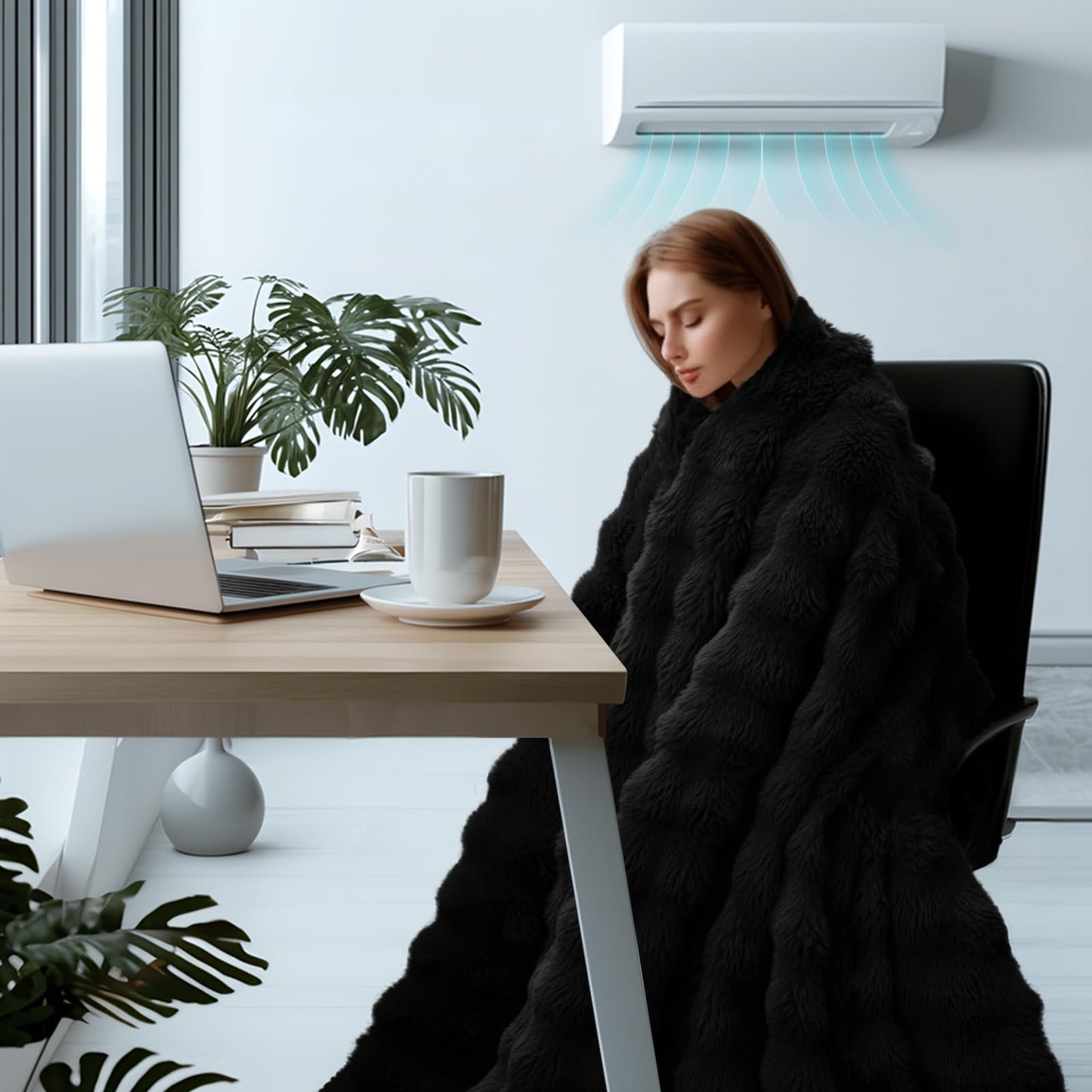 Moenchy Faux Fur Black Throw Blanket for Couch - Super Soft Heavy Flufyy Thick Bubble Throw Blankets for Bed Bedroom Living Room Farmhouse Sofa Chair Fall Winter Warm, 50x60 Inch