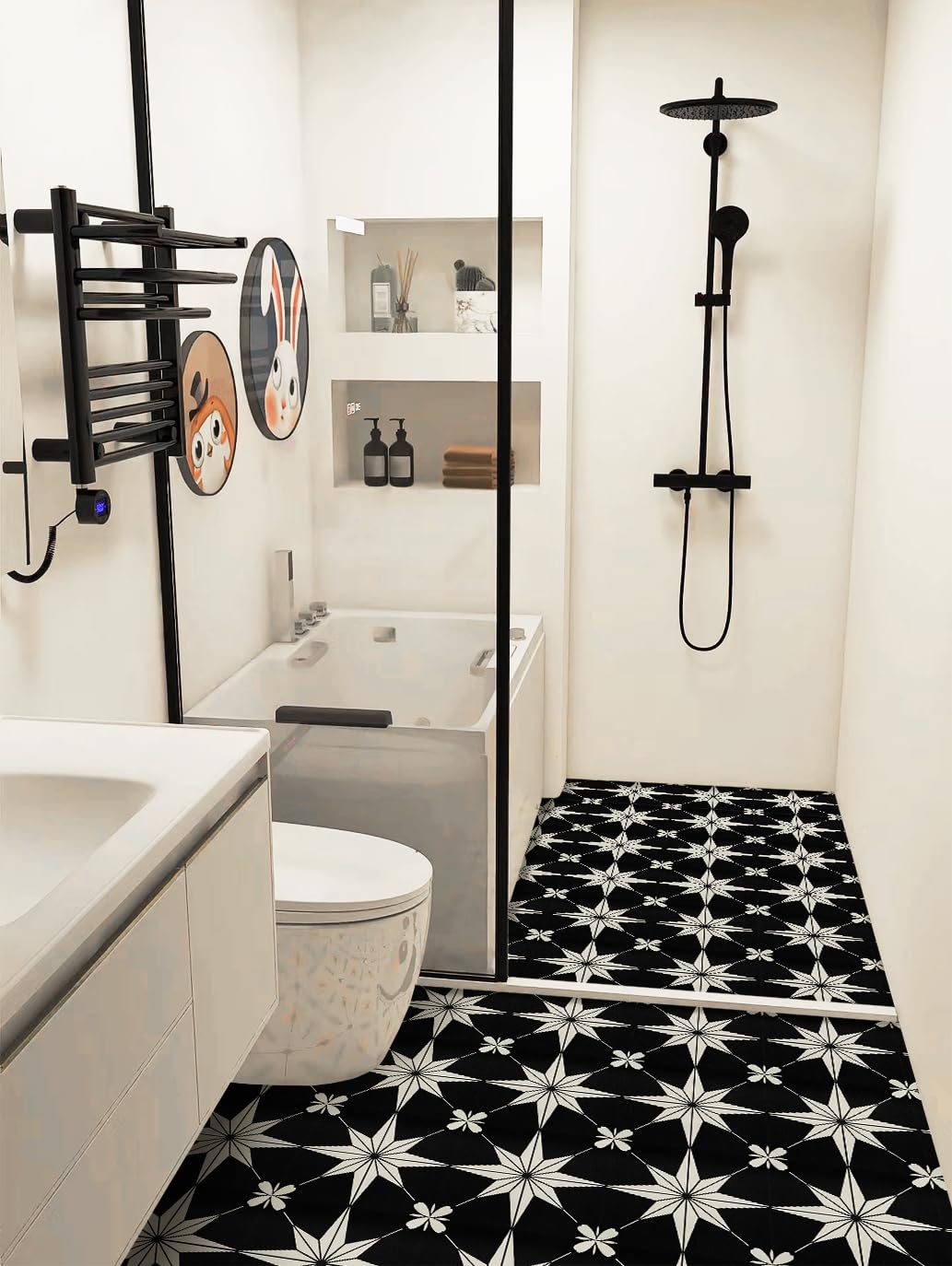 RomDeco Peel and Stick Floor Tile Waterproof, 11.81 in *11.81 in Vinyl Flooring Black, 10 Pcs Peel and Stick Flooring for Bathroom, Kitchen and Bedroom, Easy to Install Self-Adhesive
