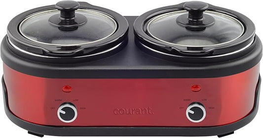 Courant 3.2-Quart Double Slow Cooker (1.6-Qt each) w/Warm Settings, Stainproof Stoneware Pots and Glass Lids – Red Stainless Steel