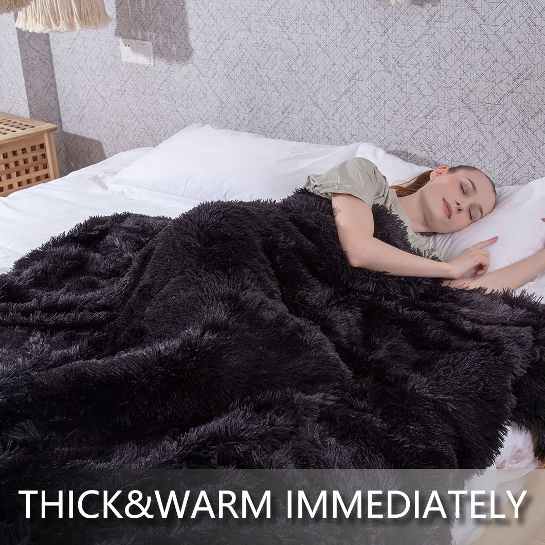 YUSOKI Black Faux Fur Throw Blanket,2 Layers,50" x 60", Soft Fuzzy Fluffy Plush Furry Comfy Warm Cozy Blanket for Couch Bed Chair Sofa Bedroom Mens Gift