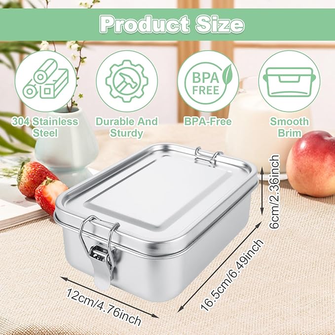 QTLCOHD 4 Pack 850ml Stainless Steel Lunch Box for Adults, 29oz Metal Bento Box with 2 Compartments, Leak-Proof Lunch Container with Lockable Clips, Metal Food Storage for Travel, Work
