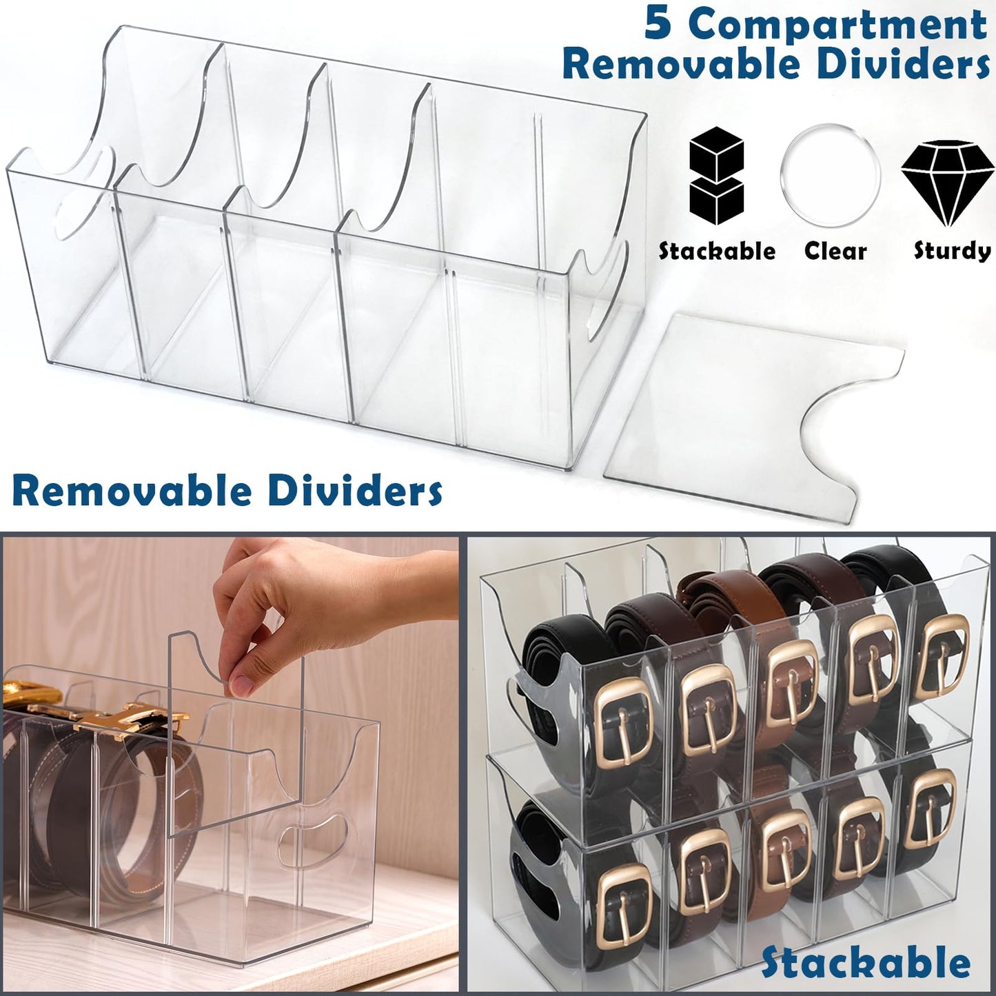 Rusnugic Belt Organizer - 2 Pack Clear Stackable Belt holder For Closet Drawer Storage - 5 Compartments with Removable Dividers, Multi-Purpose Display Bins With Inserts For Ties,Socks,underwear (2)