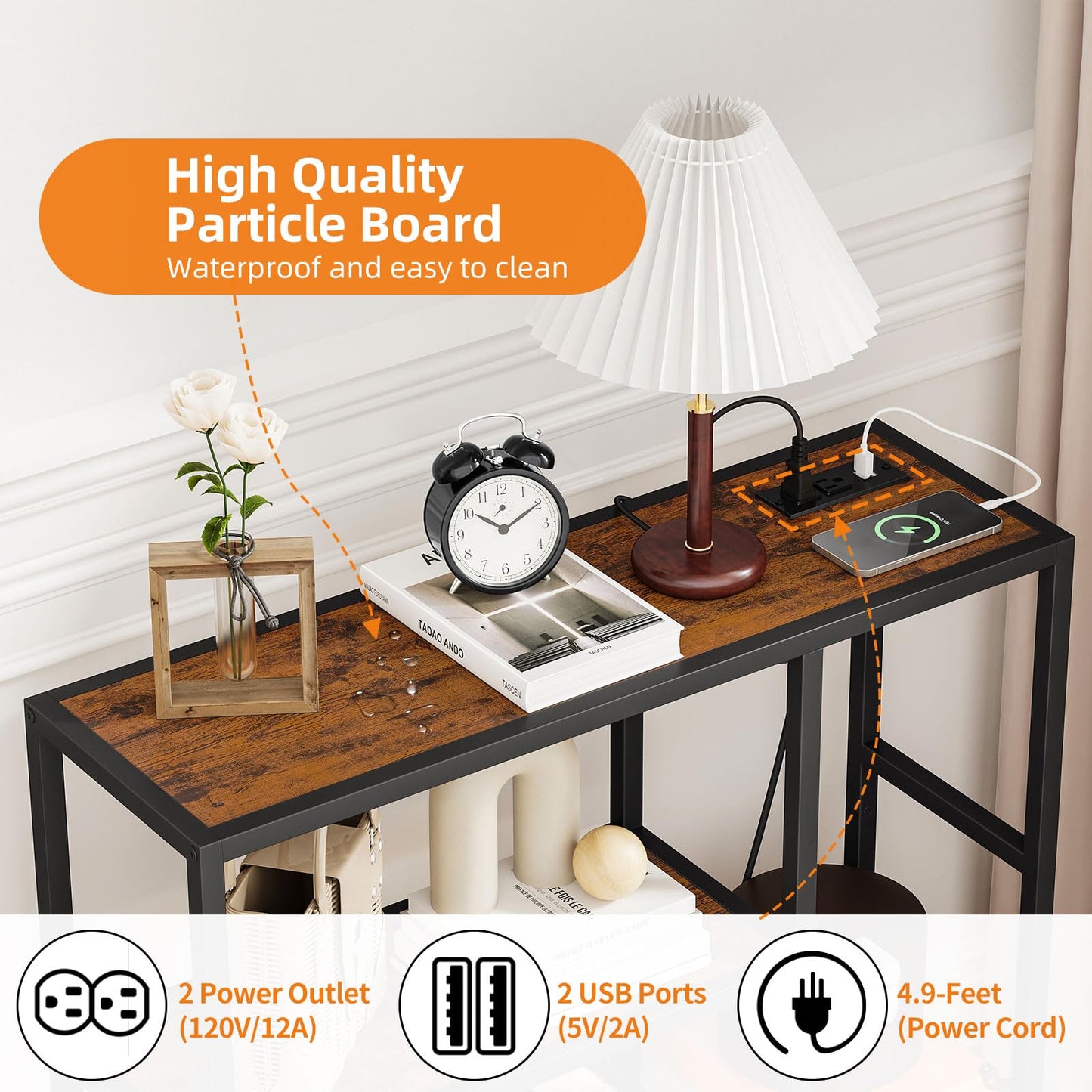 Snughome Console Table with Power Outlets, Entryway Table with Storage, 31.5" L x 9.8" W x 29.5" H Narrow Sofa Table with 3 Tier Shelves, Couch Table with USB Ports, for Hallway Living Room, Entrance