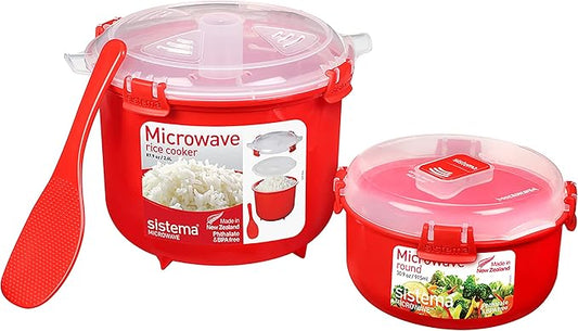Sistema Heat & Eat Microwaveable Rice Cooker & Food Container Set with Steam Release Vents, Microwave Rice Cooker & Round Food Storage Container, Dishwasher & Freezer-Safe, BPA-Free