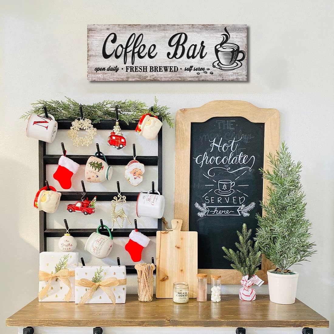 Rustic Wood Grain Coffee Station Decor - Retro Coffee Bar Signs for Kitchen - Self Serve Fresh Brewed Open Daily