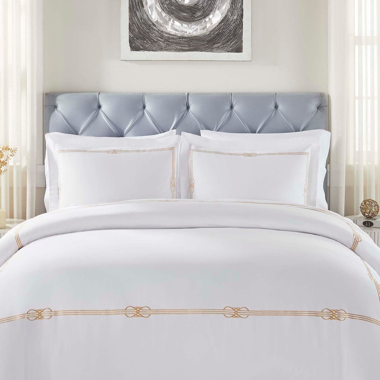 Superior Embroidered Cotton Duvet Cover Set, Soft Bedding Covers, Bedroom, 1 Duvet Cover with Button Closure, 2 Pillow Shams, Elegant Design, Moonlawn Collection, Full/Queen, White