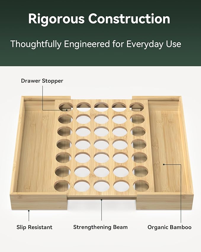 Larger Expandable Bamboo Coffee Pod Holder for Counter Drawer Display, 35 Pod Capacity, K-Cup Pods - Tea Bags Storage Organizer Holder (Bamboo)