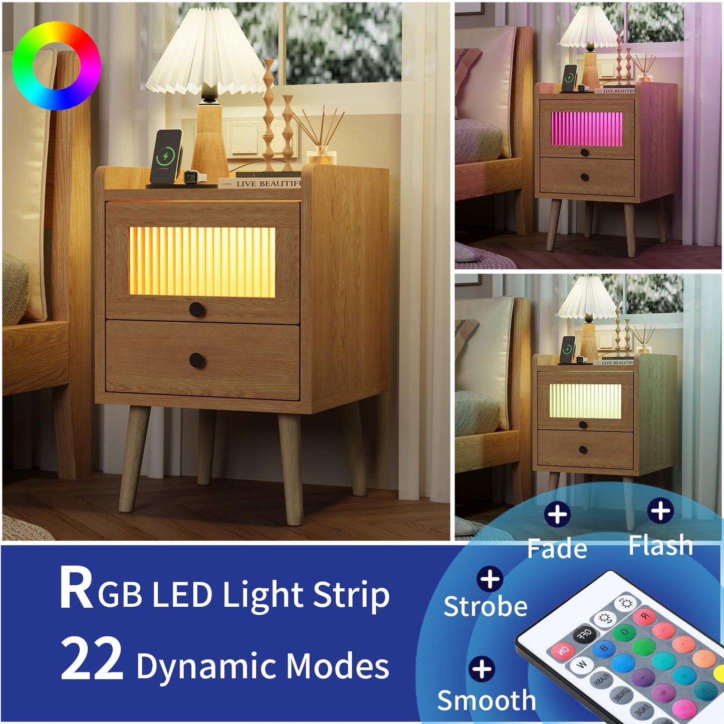 VOWNER Nightstand with Charging Station, LED Night Stand with Glass Door & Drawer, Bedside Table for Bedroom, Living Room, Natural