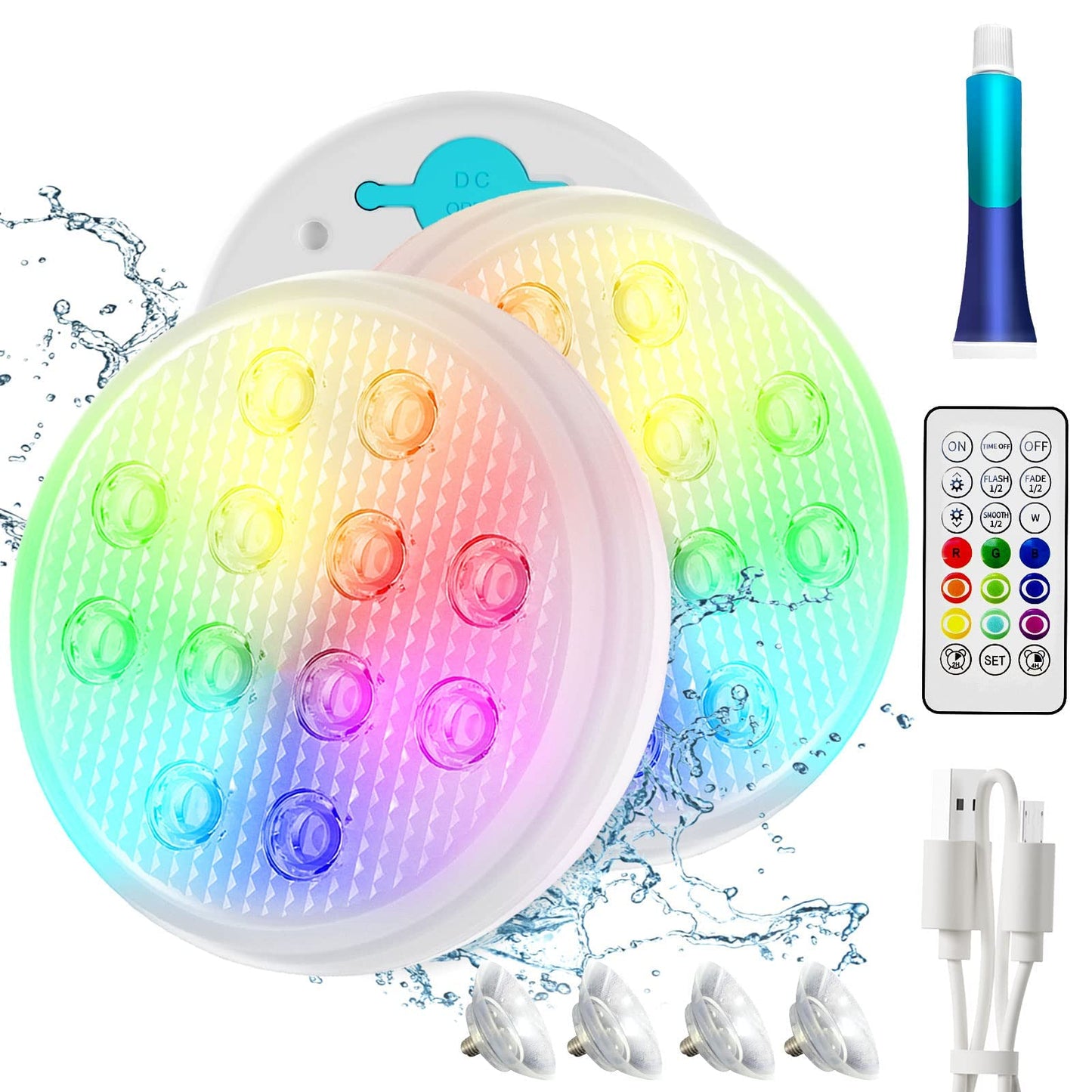 QOLNBY Rechargeable Pool Lights Submersible LED Lights with Remote, IP68 Waterproof Underwater Lights,16 Color Changing Floating Light with Magnet, Suction Cups for Pool,Pond,Party (2-Pack)