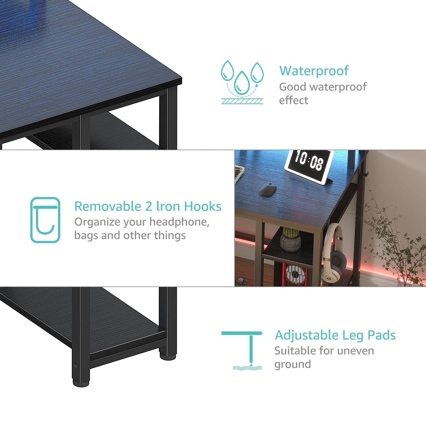 Lufeiya Gaming Desks with Led Lights and Power Outlets, 55 Inch Computer Desk with File Drawers Cabinet, Home Office Desk with Shelves Monitor Stand, Black