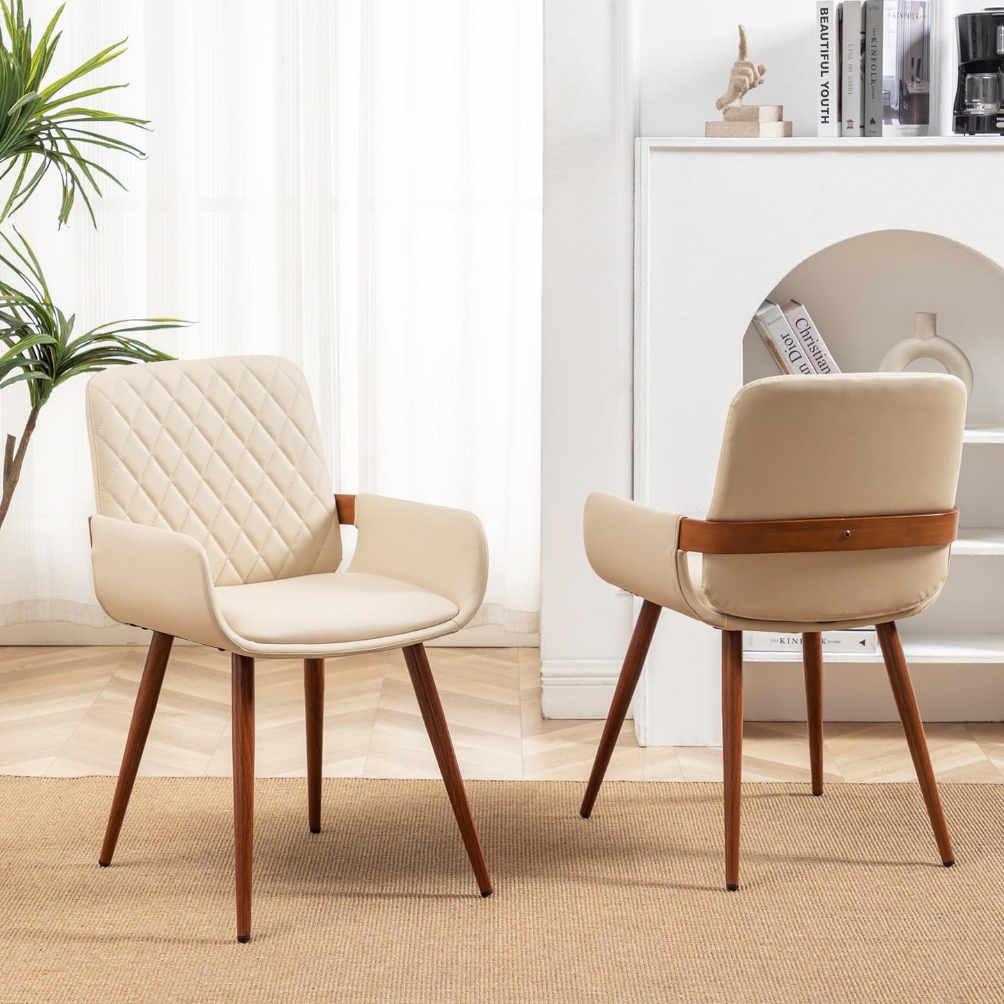 LUNLING Mid Century Modern Dining Chairs Set of 2,Accent Faux Leather Side Chairs Bentwood Frame with Armrest,Metal Legs Chair,Adjustable Foot for Kitchen Room Desk Chair(Cream White)