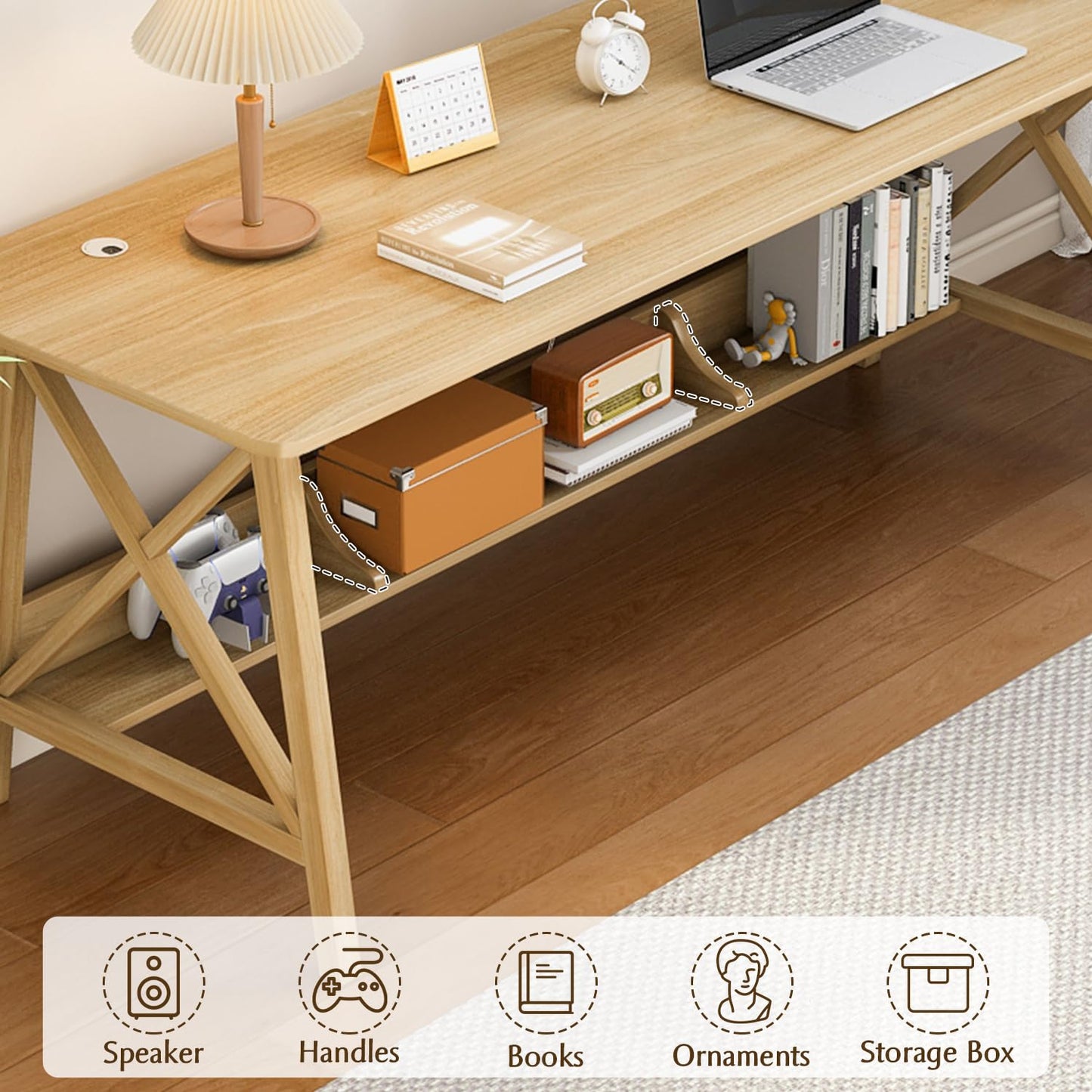NELYE Extra Long Desk with Bookshelf - Solid Wood Home Office Work Study Table, 2-Person Writing Computer Workstation with Storage Shelf in Oak, 71" Wx24 Dx30 H