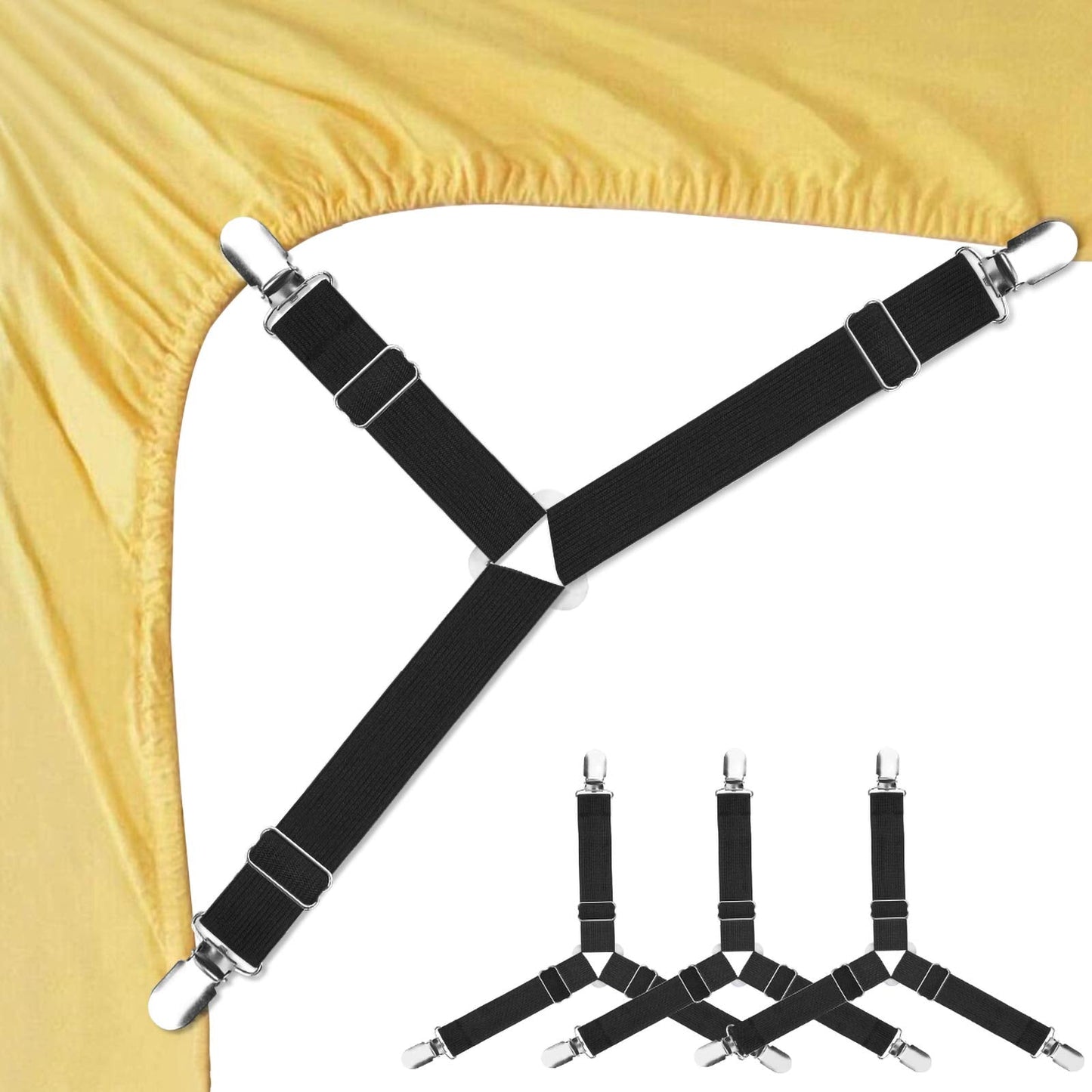 Foloda Sheet Holders, 4 pcs Adjustable Bed Sheet Straps, Fitted Sheet Holder Clips Fasteners Suspenders Gripper Locker Scrunchie for Bed Mattress Corners, Keep Sheet Firm Tight