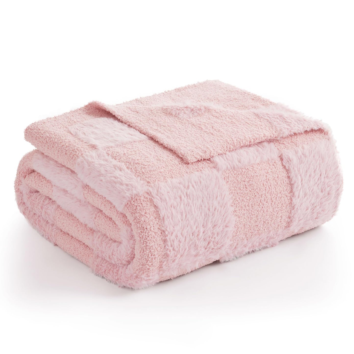 Snuggle Sac Pink Checkered Throw Blanket,Fluffy Faux Fur Knitted with Soft Microfiber Warm Throw Blankets for Couch, Sofa, Chair, Bed, Solid Pink, 50x60 inches