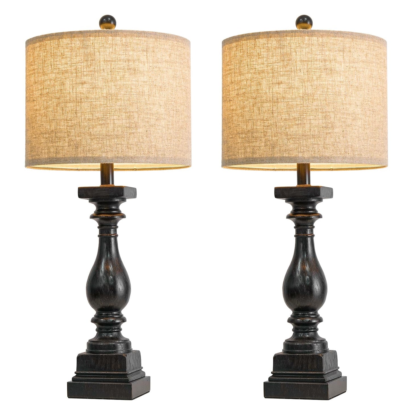 BOBOMOMO 27" Farmhouse Table Lamp Set of 2 with USB A+C for Bedroom Living Room Vintage Rustic Traditional Nightstand Bedside Lamps Retro Side Table Lamps (Black)