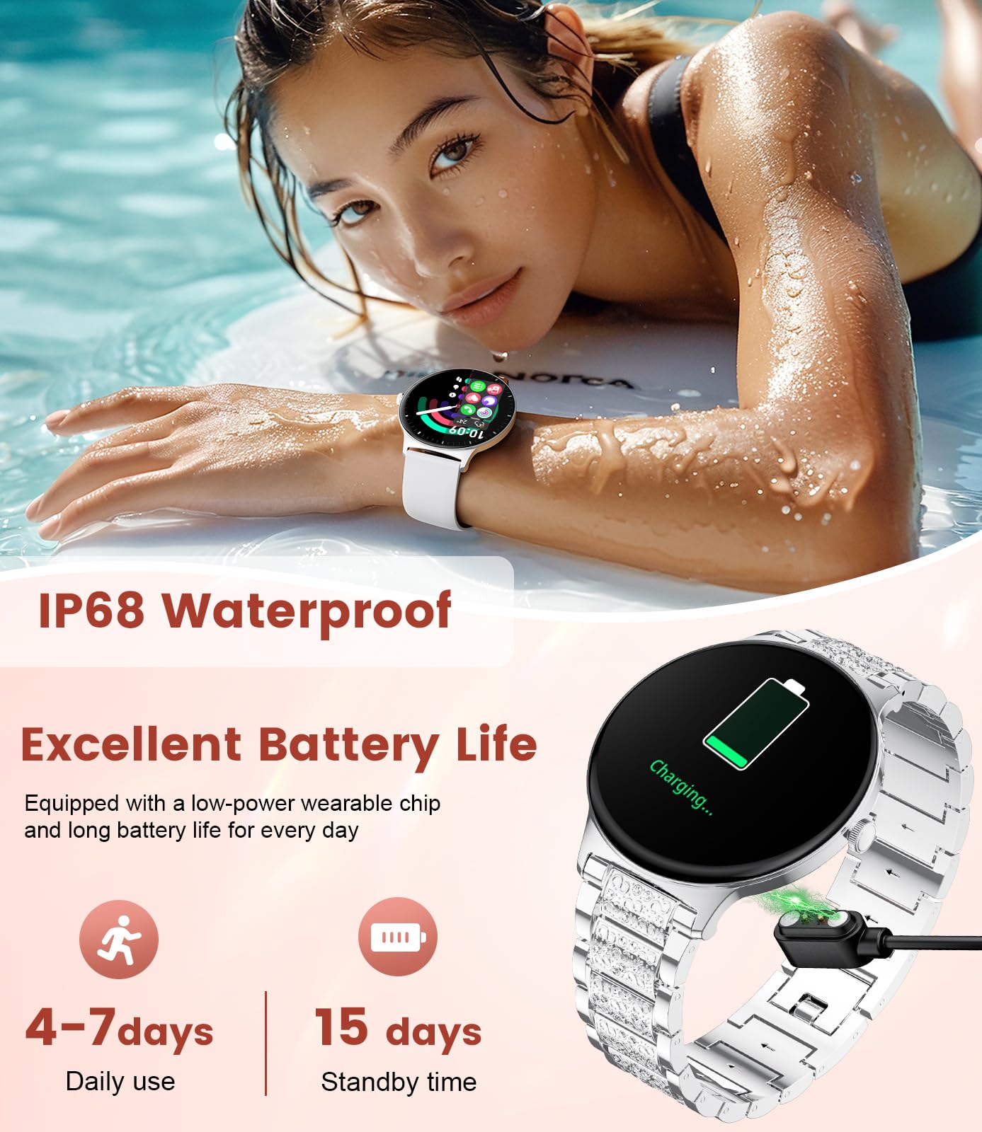 LIGE Smart Watch for Women(2 Bands), 1.43" HD AMOLED Slim Smartwatch for Android iOS,Fitness Tracker with 120+ Sport Modes/IP68 Waterproof/Sleep Monitor,Silver