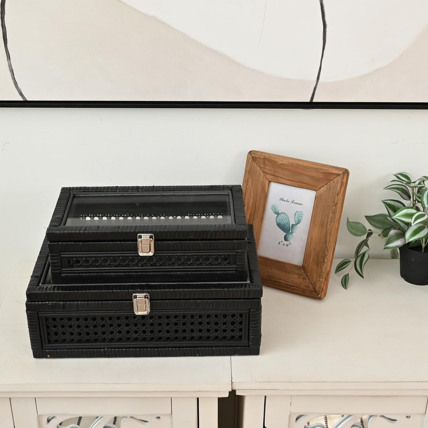 DECOR4SEASON Cane and Rattan Decorative Storage Boxes with Lids - Elegant Set of 2, Stacking Boxes with Glass Top, Handcrafted Rustic Charm for Home Organization (Black, 14.1"x8.2"x5.1")