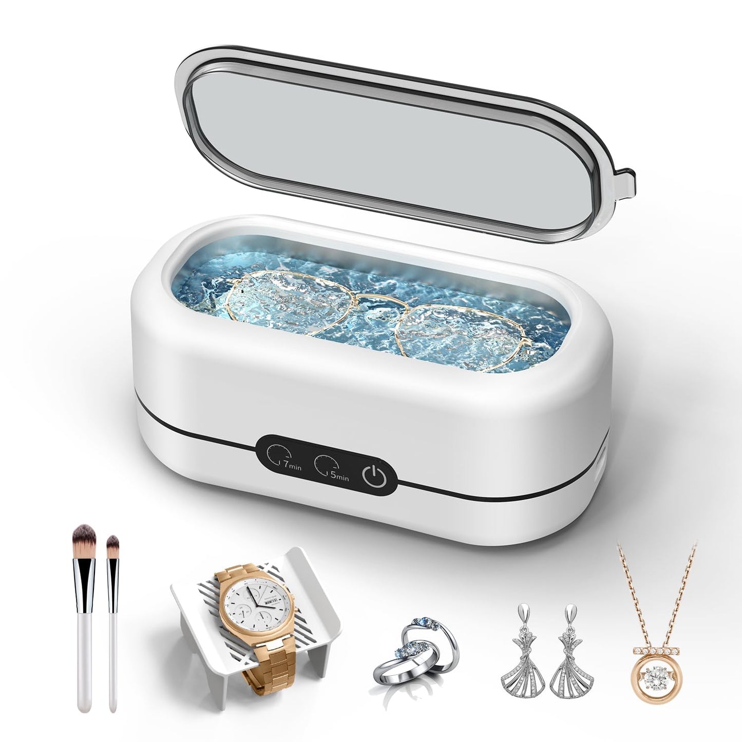 BYASKZIV Ultrasonic Jewelry Cleaner, 48KHz Ultrasonic Cleaner Machine for Jewelry, Eyeglasses, Rings, Watch Strap, Dentures- Dual Cleaning Modes, 304 Stainless Steel Tank
