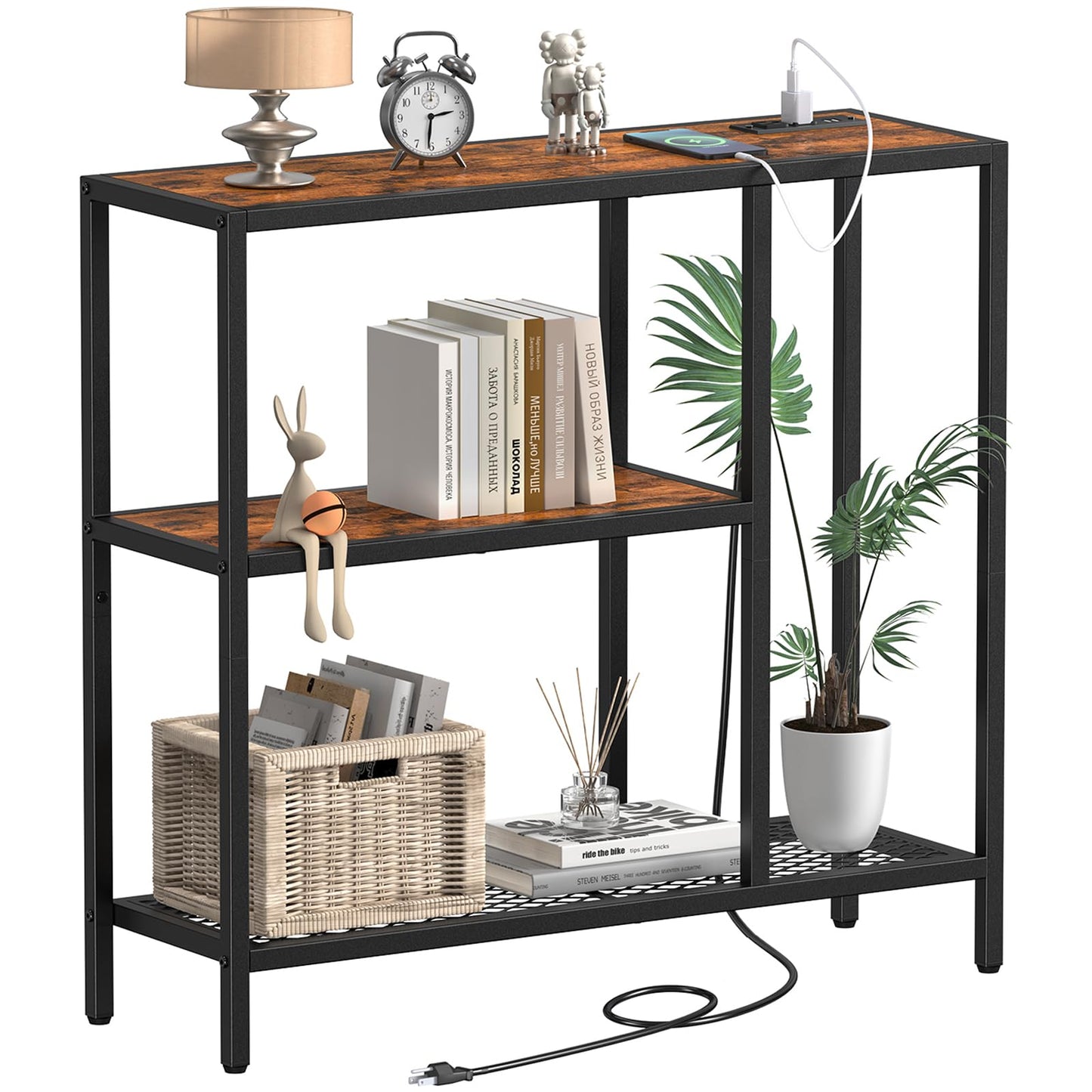 Snughome Console Table with Power Outlets, Entryway Table with Storage, 31.5" L x 9.8" W x 29.5" H Narrow Sofa Table with 3 Tier Shelves, Couch Table with USB Ports, for Hallway Living Room, Entrance