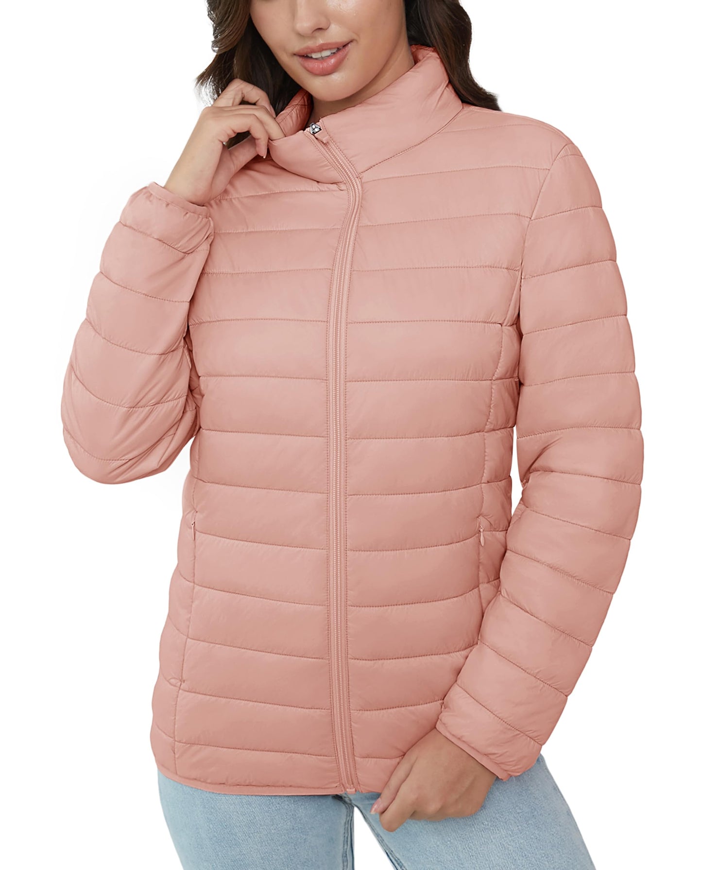 MAGCOMSEN Womens Puffer Jacket Ultra-light Quilted Zip-up Padded Winter Warm Outwear with 4 Pockets, Apricot S