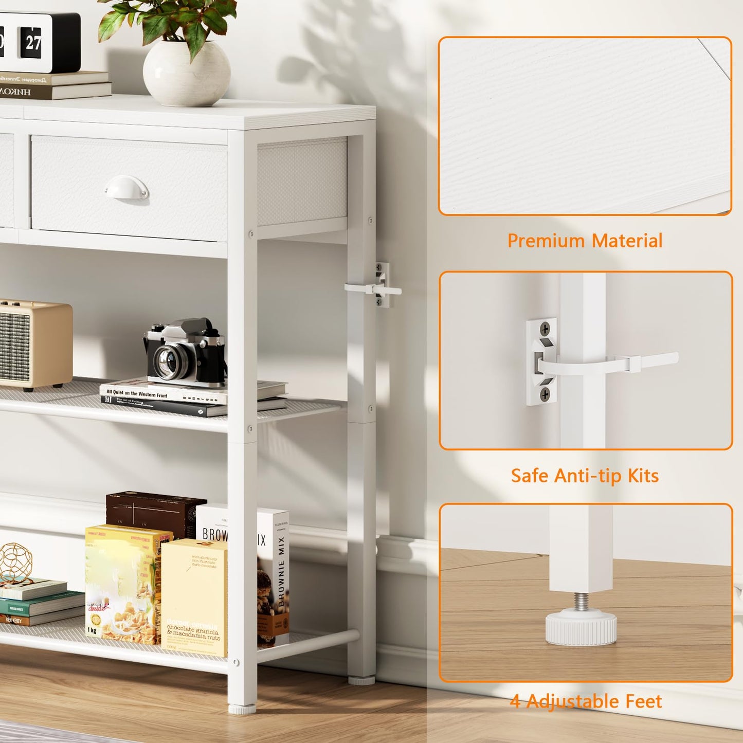 Furologee White Entryway Table, 38'' Console Sofa Table with 3 Fabric Drawers, Industrial Entry Way Table with Storage Shelves, Display Shelf for Living Room, Hallway, Entrance, Foyer