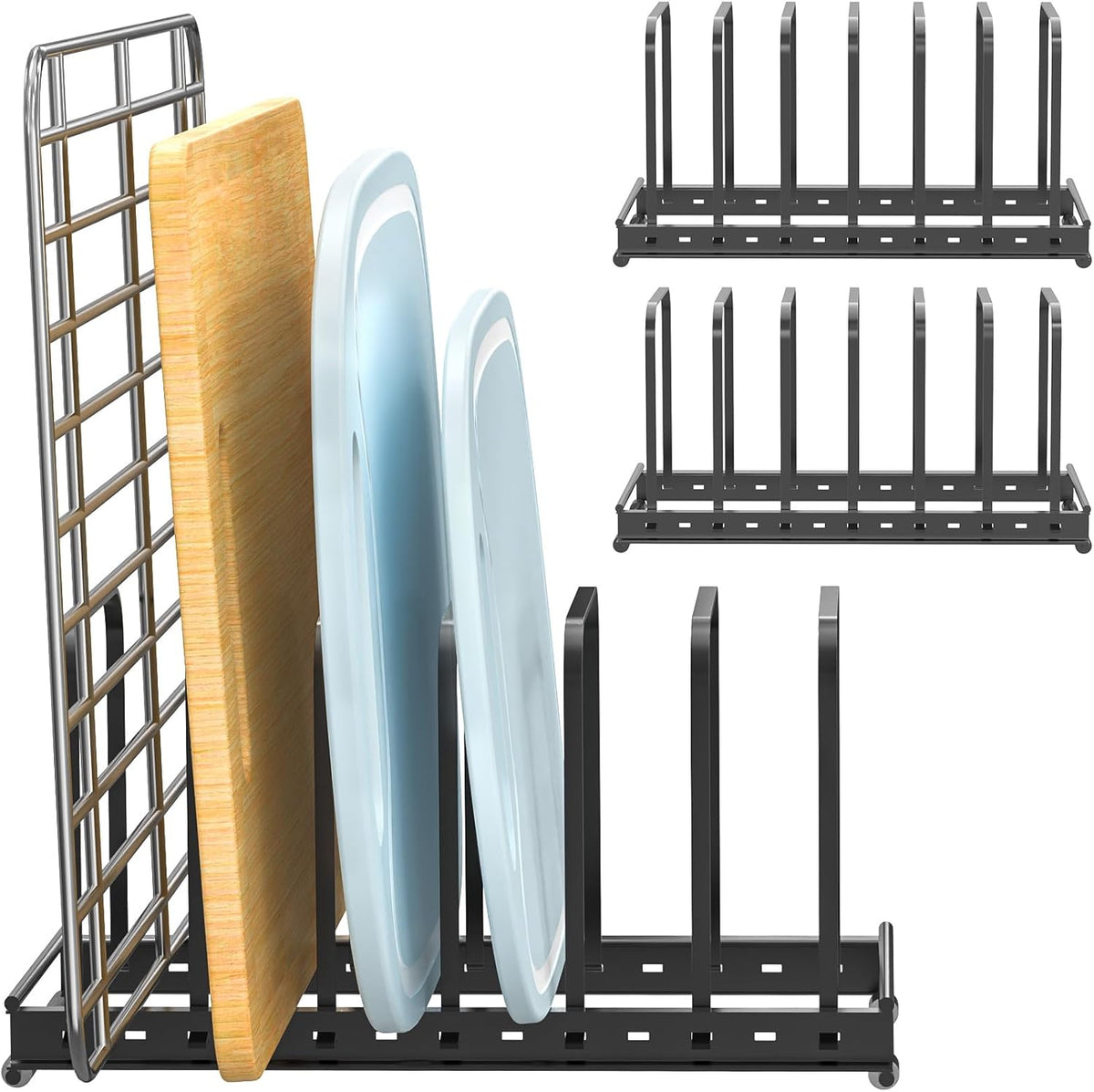 TEAMOLA Adjustable Bakeware Organizer Rack - 2pc Black Heavy-Duty Metal Cutting Board Rack for Cutting Boards & Cookware, Holds Utensils Up to 9.84" Wide (Space-Saving Holder Fits Narrow Countertops)
