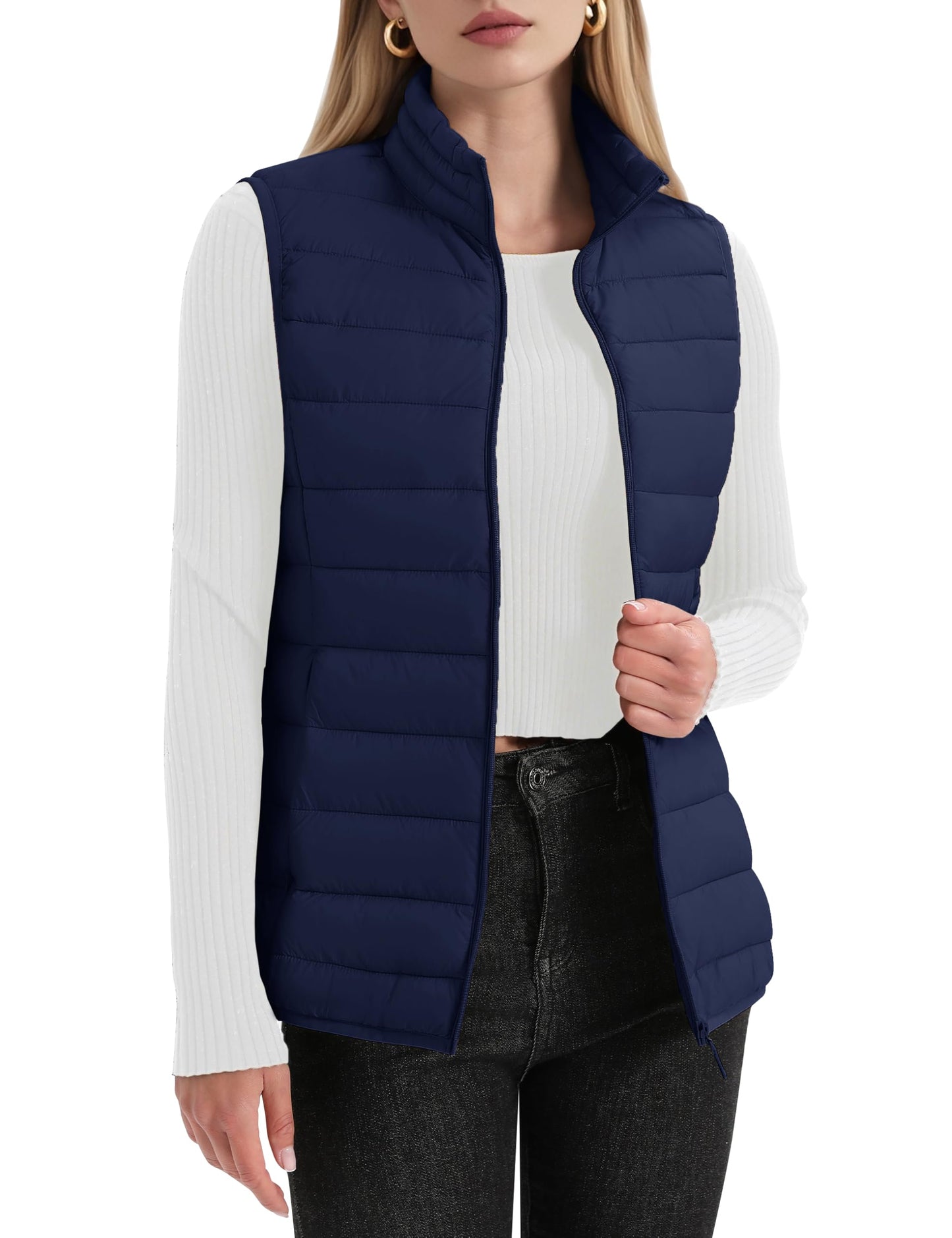 YUCOLEN Women's Puffer Vest Lightweight Trendy Stand Collar Quilted Padded Puffy Vests Sleeveless Jackets Fall Winter Outerwear Navy L
