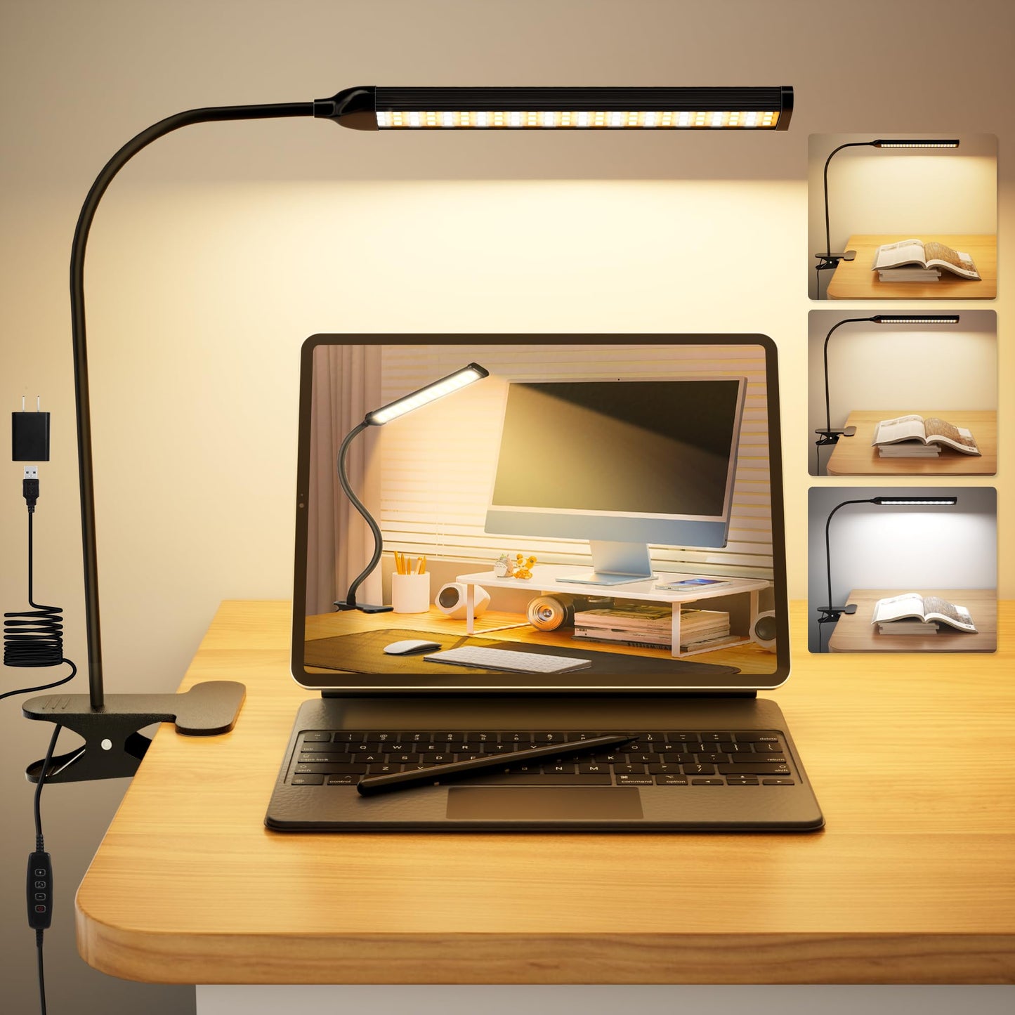 VIIVUU Desk Lamp with Clamp, Eye-Caring Clip on Lights for Home Office, LED Reading Lamp with 3 Color Modes, 10 Brightness, Flexible Gooseneck Swing Arm for Study, Work, Draw, Nail, Black