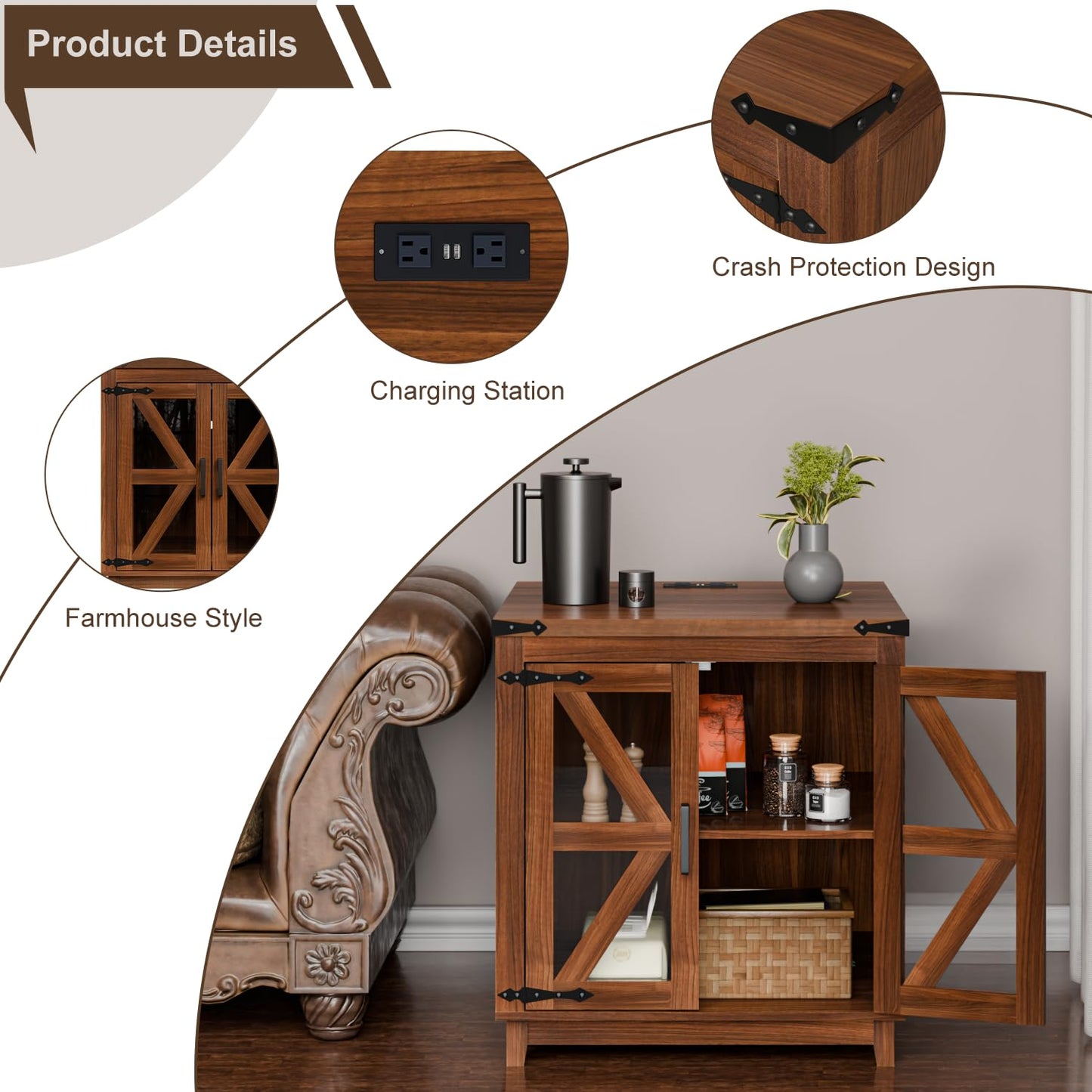 VITESSE Farmhouse End Table, 24" Large Wood Square Nightstand with Doors, Sofa Side Table with Charging Station Modern Nightstand Storage Cabinet for Living Room, Bedroom, Entryway (Brown)