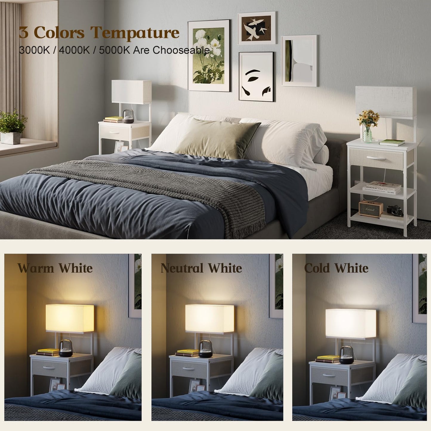 White Night Stand With Led Lamp, Small Nightstand With Drawer For small spaces, Small Bedside Table With Storage Shelves For Bedroom, Bed Side Table With Adjustable Feet, Metal Wood Structure, Sturdy