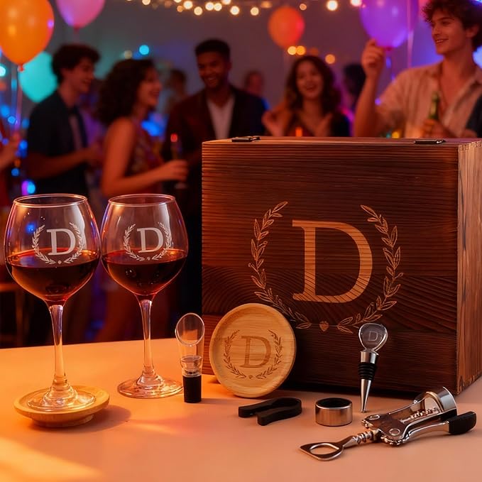 GZLDGIFTS Personalized Initial Wine Glasses Box Gift Set For Women Mom Engraved Birthday Monogrammed Wooden Christmas Gifts Wedding Anniversary Wine Couples Stopper Opener Initial Letterr (G Set)