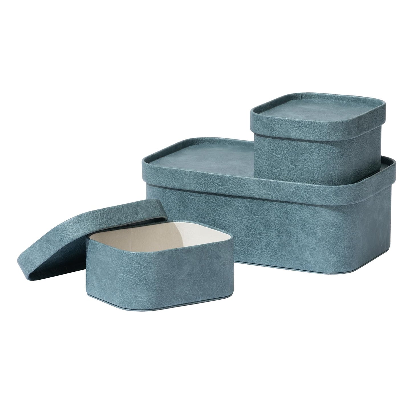 La Jolie Maison Vegan Leather Storage Boxes with Lids, Set of 3 Decorative Storage Containers Organize Stackable Storage Box, Dusty Blue