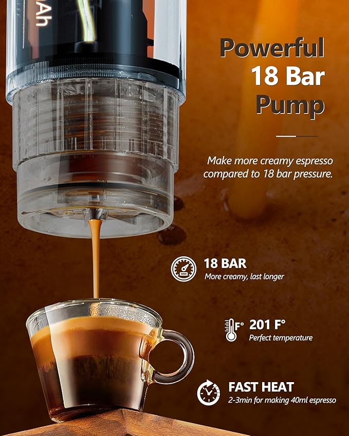 CONQUECO Portable Espresso Machine Travel: 12v Car Coffee Maker for Camping - Small Electric - 2.5 Mins Heating - 8 Cups Espresso for One Charge