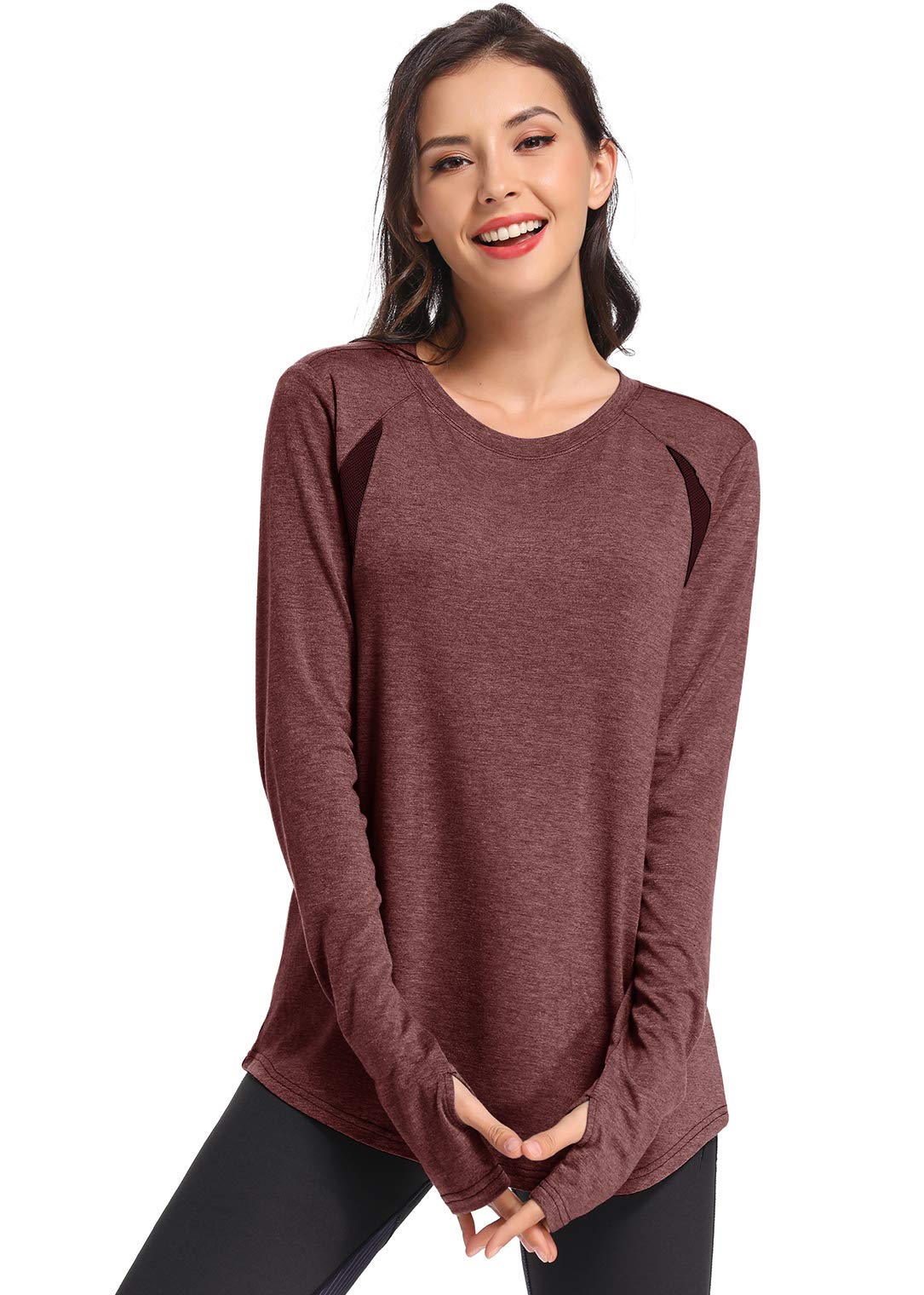 Muzniuer Womens Long Sleeve Workout Shirts-Plain Long Sleeve Tshirt for Women Yoga Sports T-Shirt Long Sleeve Breathable Shirts Activewear with Thumb Hole Burgundy S