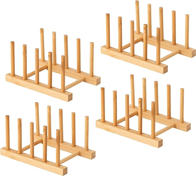 HBlife 4pcs Bamboo Dish Plate Bowl Cup Book Pot Lid Cutting Board Drying Rack Stand Drainer Storage Holder Organizer Kitchen Cabinet（Keep Dry）