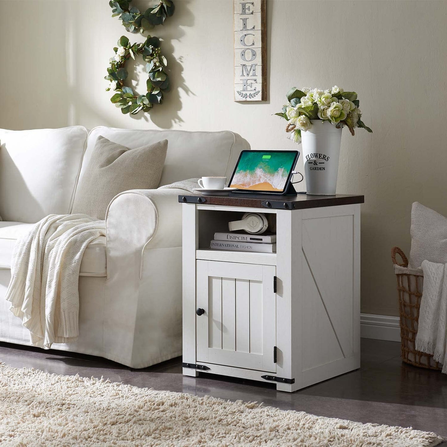 IFGET Farmhouse Nightstand with Charging Station, 20" Rustic End Table w/Barn Door, Wood Sofa Side Bedside Table w/Open Shlef & Stroage Cabinet for Bedroom (White)