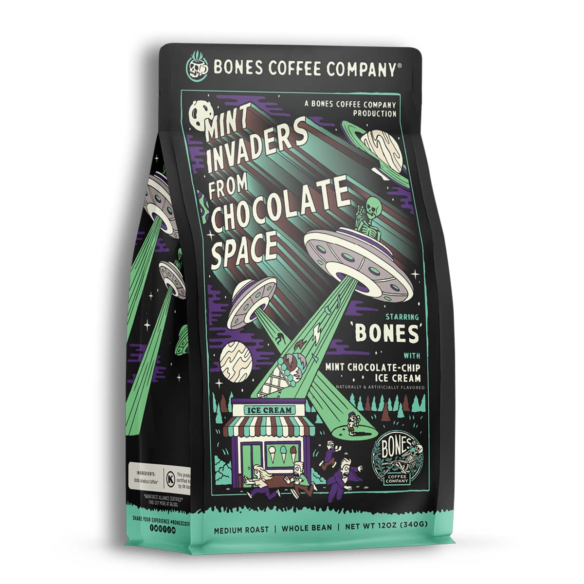 Bones Coffee Company Mint Invaders, Mint Chocolate Chip Flavored Coffee, Medium Roast Low Acid Arabica Beans Compatible with Auto drip and French Press Coffee Maker, 12 Oz Whole Bean