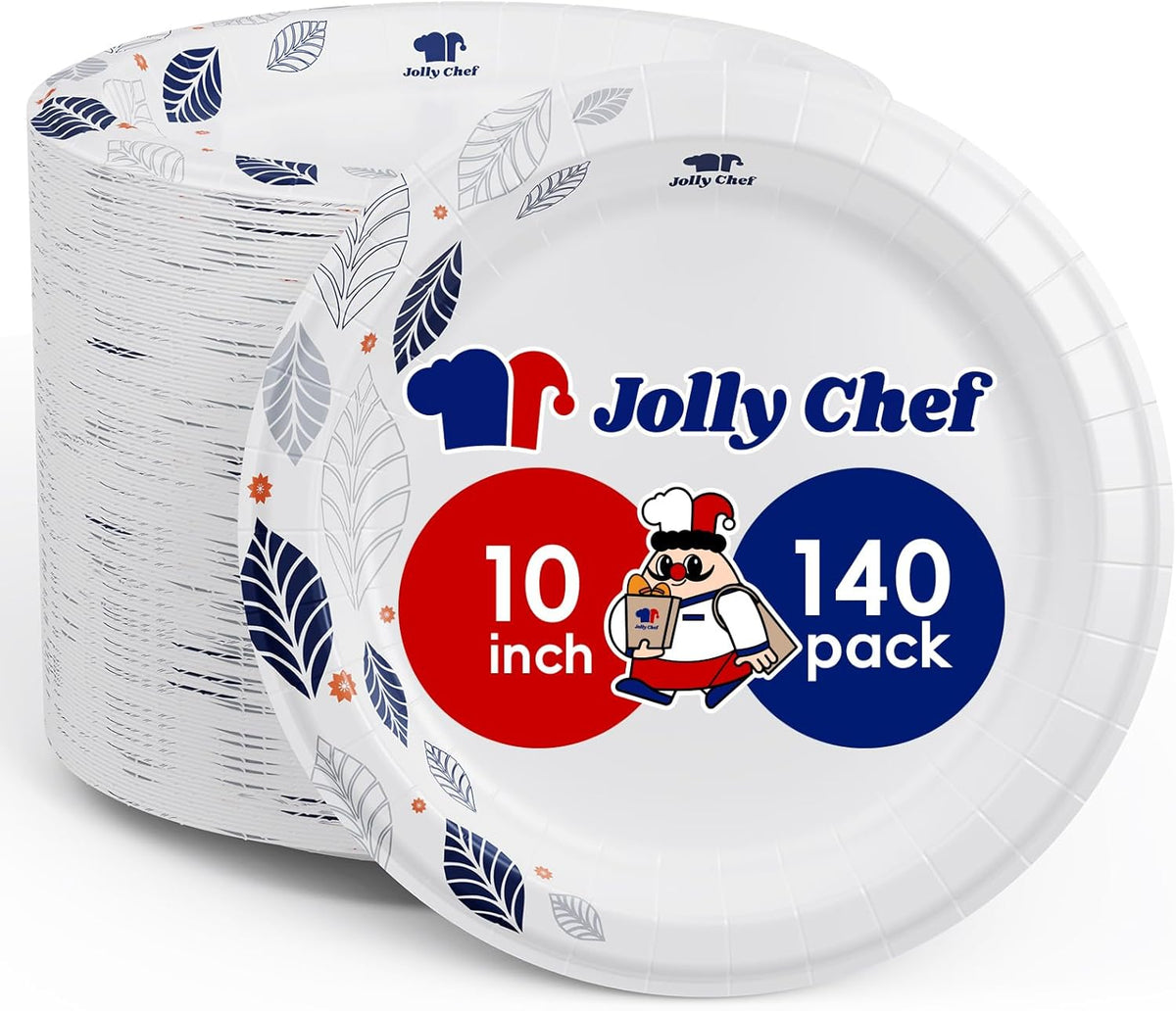 JOLLY CHEF 140 Count Paper Plates 10 inch Soak Proof, Cut Proof, Heavy Duty Leaf Printed Disposable Paper Plates for Everyday Use