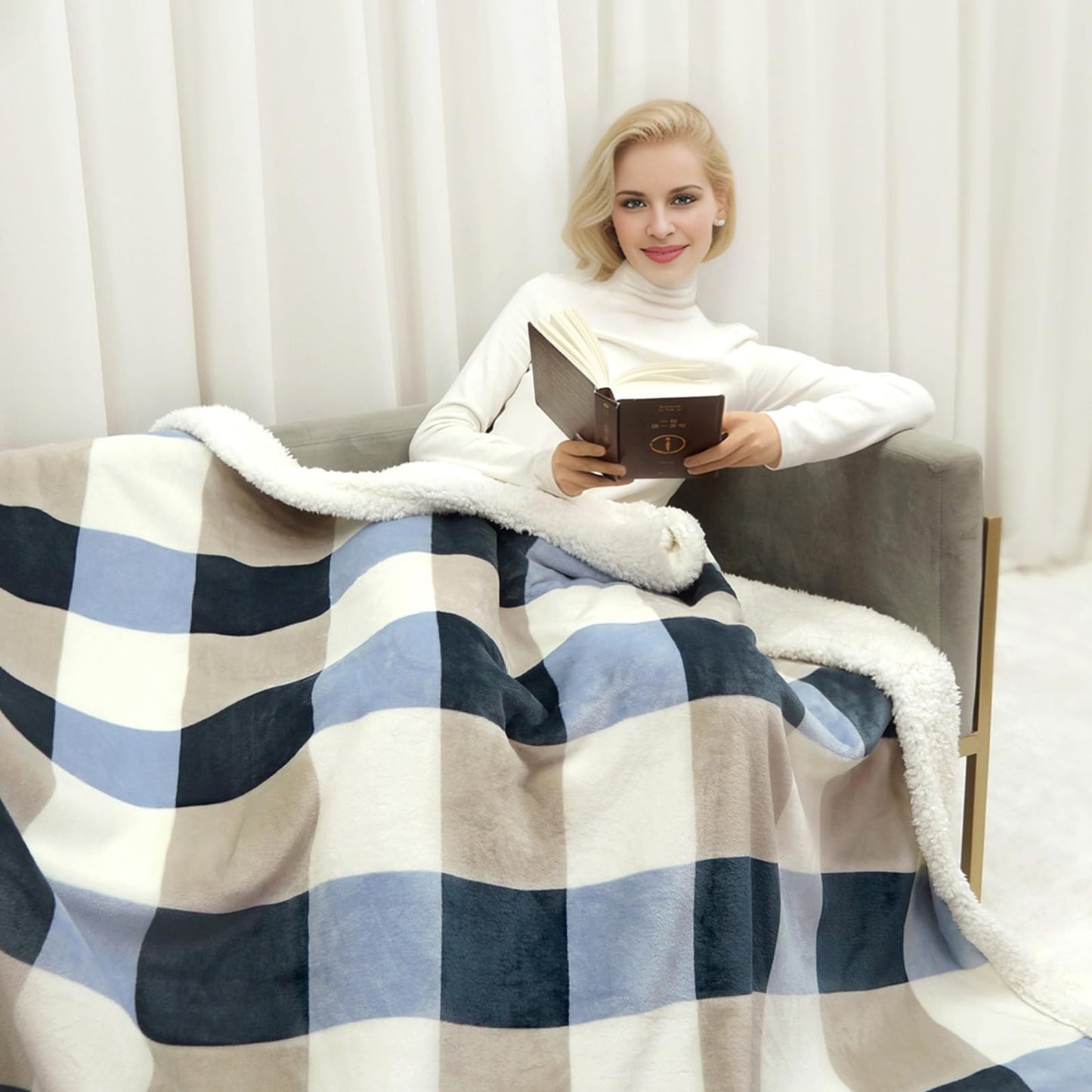 Gracelife Blanket for Women, Sherpa Throw Blanket for Couch, Flannel Cozy Soft Blanket for Bed - Fleece, Gray-Soft Blue, 60x80 Inches