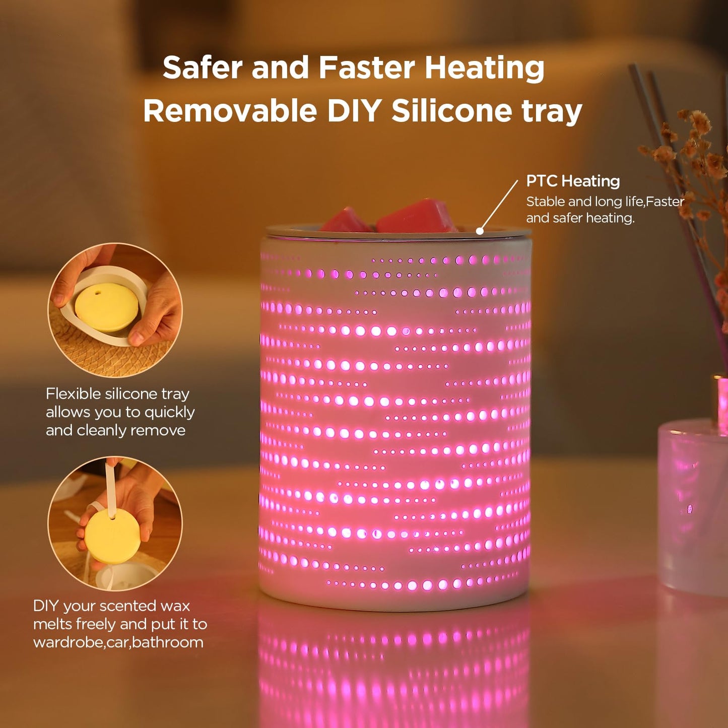 Enaroma Wax Melt Warmer Ceramic Oil Burner with Timer Electric Candle Wax Melter with Led Coloful Changing Silicone Removeable Tray for Home Office Bedroom