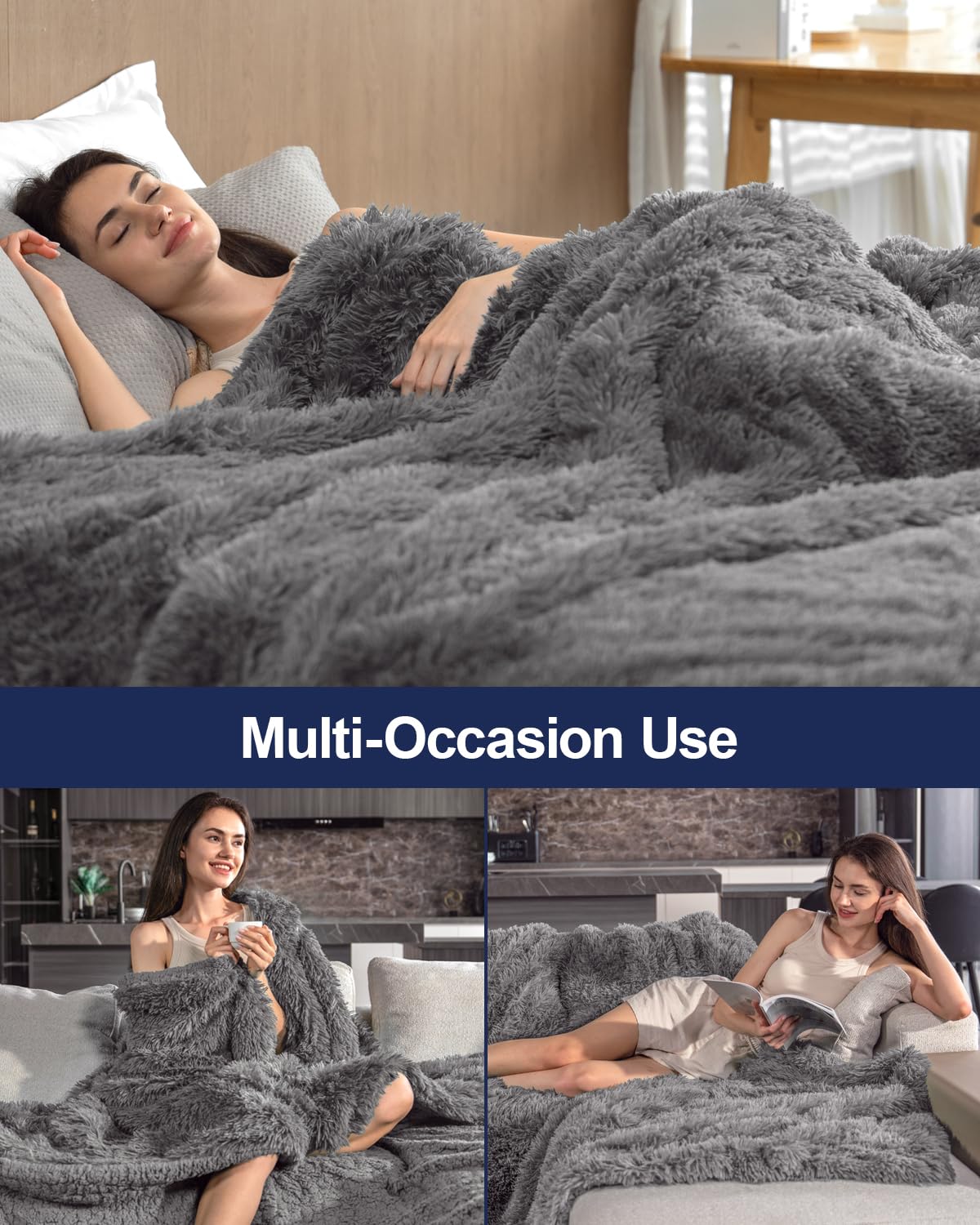 Pawque Faux Fur Blankets Queen Size 60x80 inches, Super Soft Fuzzy Fluffy Blanket, Warm Thick Sherpa Long Hair Shag Reversible Lightweight Cozy Throw for Bedroom Sofa Couch, Grey