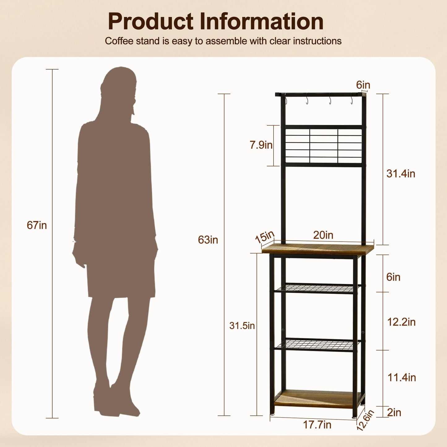 BUTUNITA Coffee Bar Station with 5 Tiers - Small Coffe Bar Kitchen Shelf with 4 S-Shaped Hooks - Corner Storage Baker's Rack for Small Spaces, Entryways, and Living Rooms