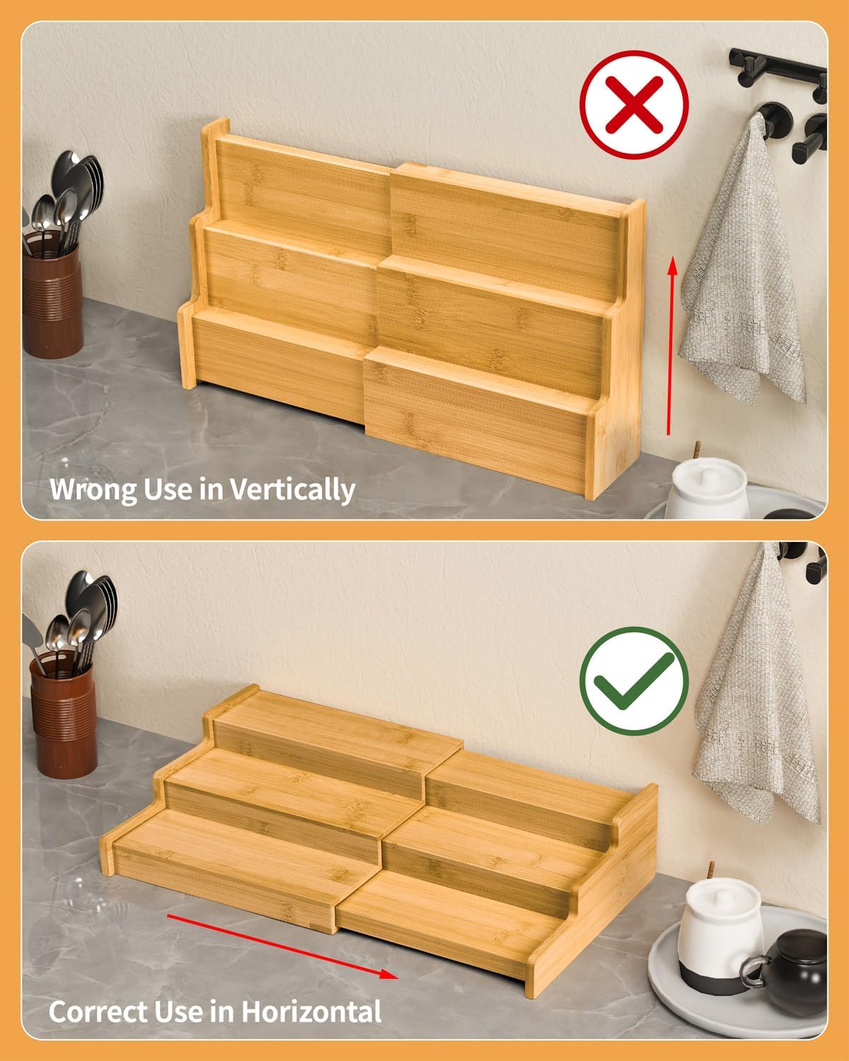 Spice Rack Organizer, 3 Tier Expandable Bamboo Spice Rack Organizer, Great for Kitchen Cabinet, Cupboard, Pantry and More-Bamboo