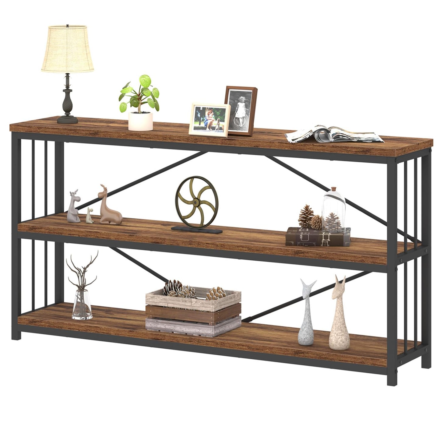 LVB Industrial Console Entryway Table, Metal Wood Rustic Sofa Table with Storage, Farmhouse 3 Tier Shelf Long Hallway Foyer Entry Tables Behind Couch for Home Living Room Entryway, Rustic Brown, 55 In