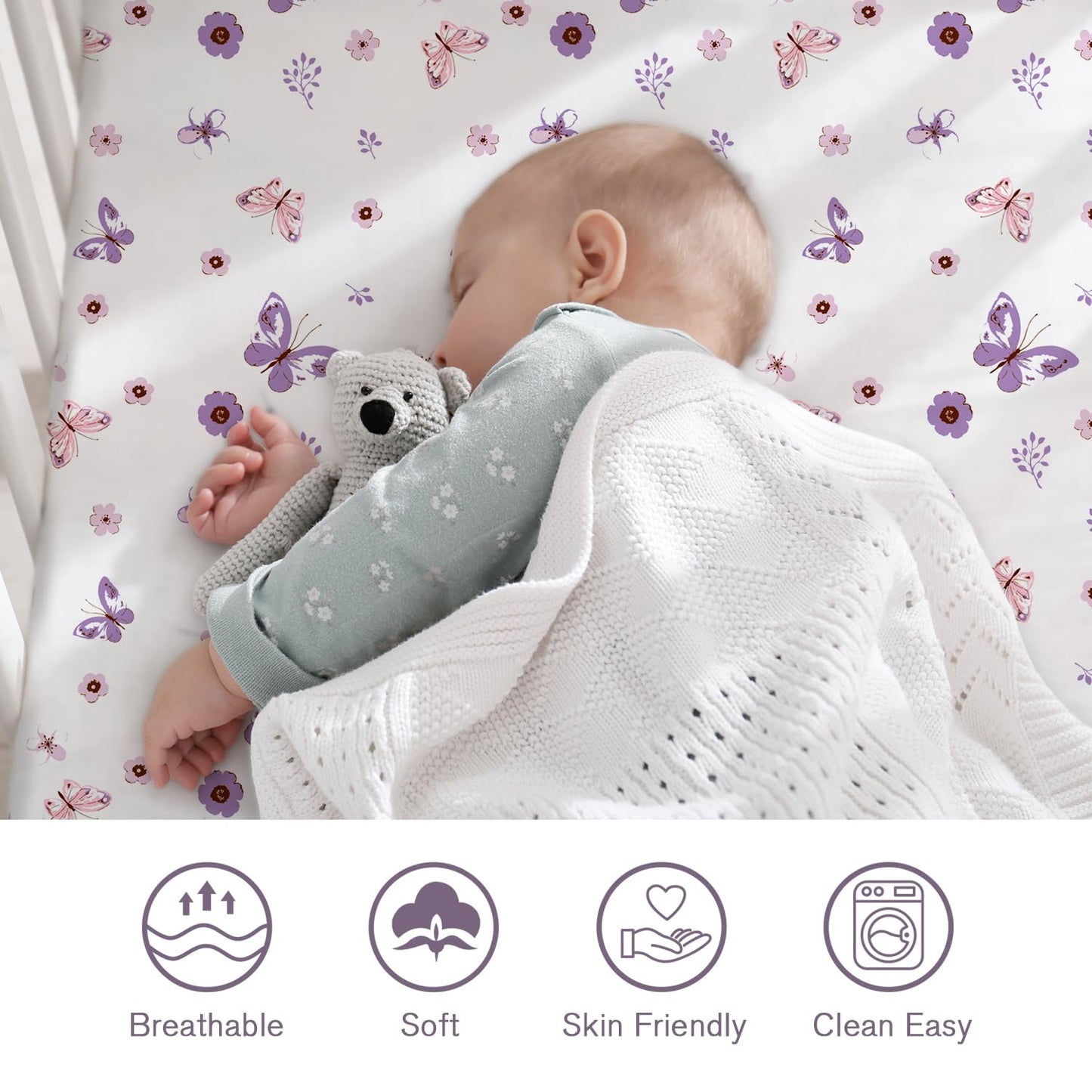 Little Grape Land Crib Sheets Girl 4 Pack, Baby Crib Sheets for Standard Crib & Toddler Mattress, Super Soft Breathable Crib Sheet Set for Girls, Floral & Butterfly
