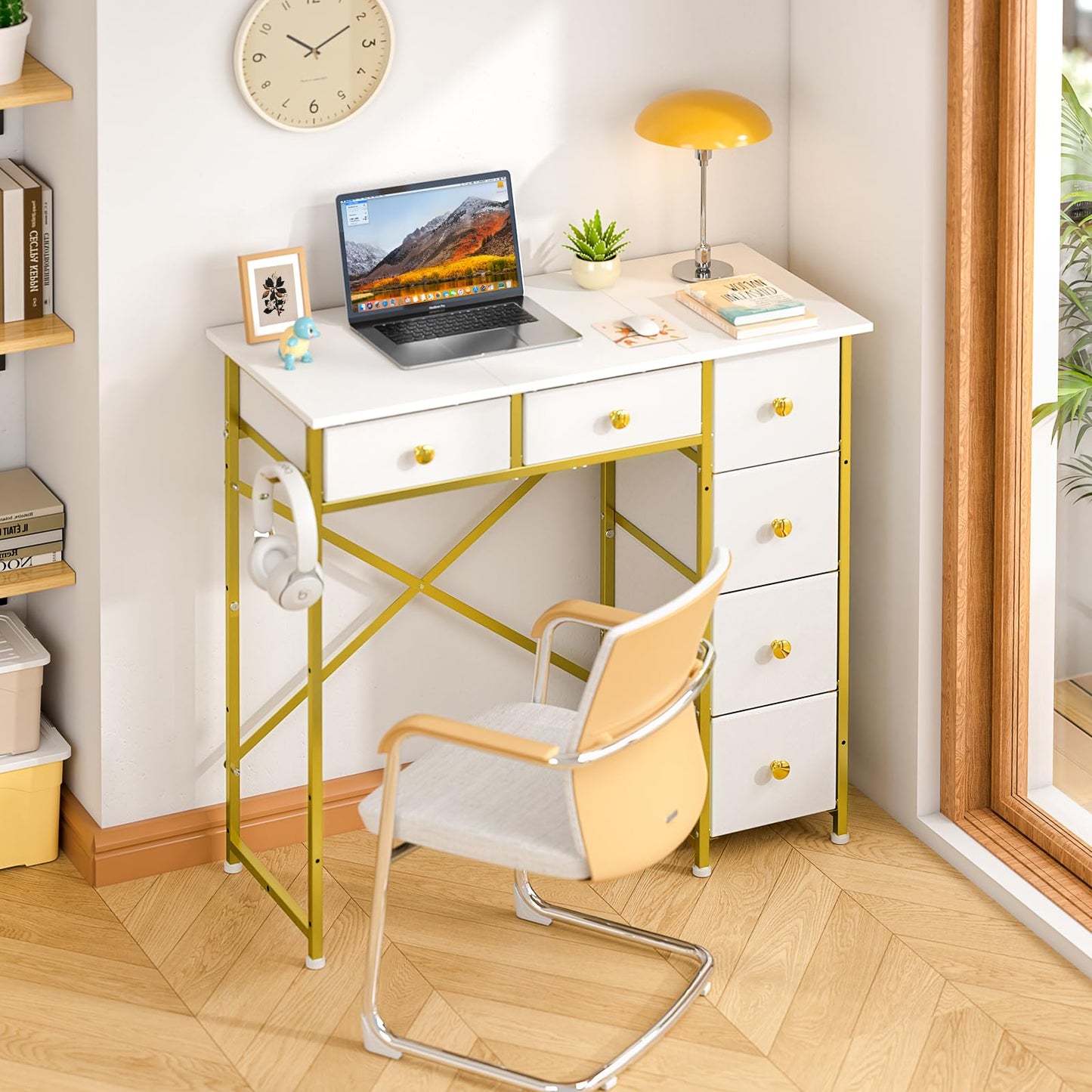 3IngSeagulls Small Computer Desk with 6 Drawers, 32 Inches Work Table for Home Office, Writing Desk with Storage, Compact Study Desk for Small Spaces, Kids Study Desk for Bedroom, White and Golden