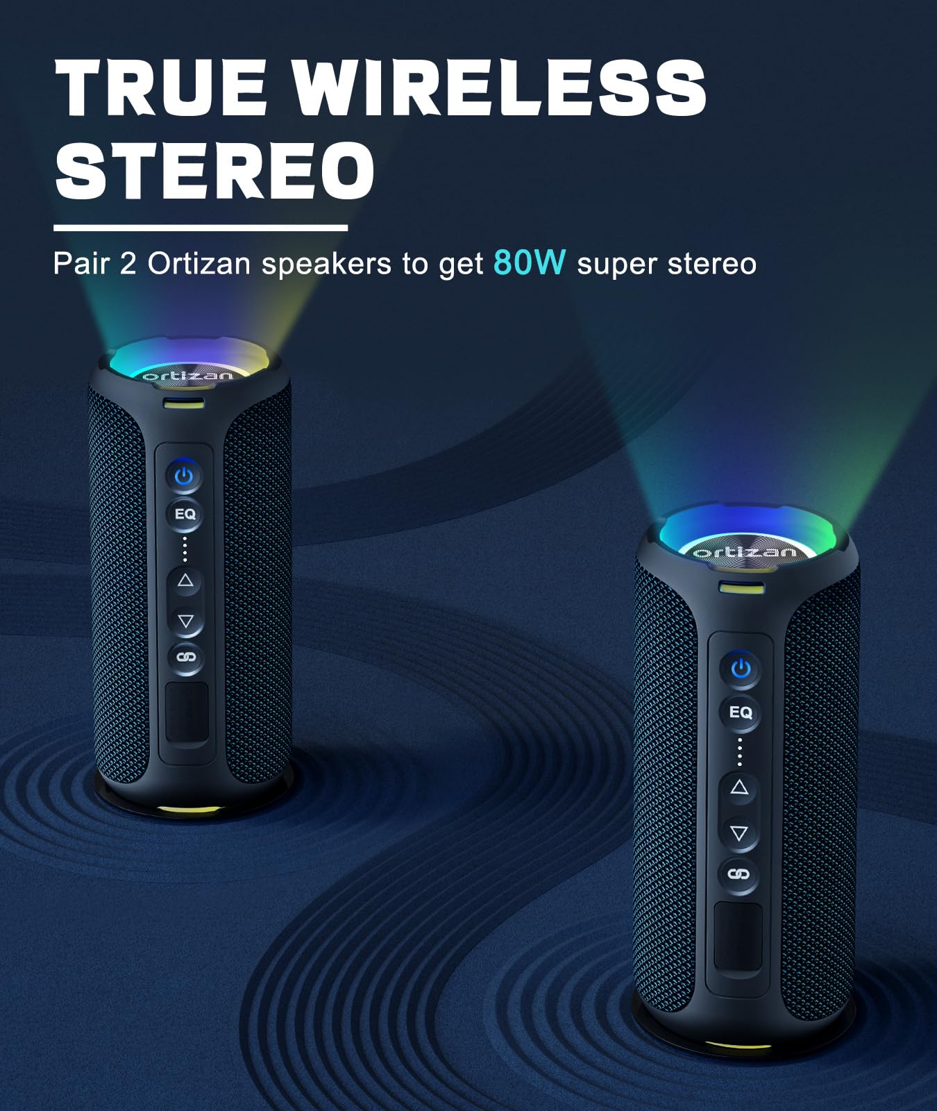 Ortizan Bluetooth Speakers, Portable Wireless Stereo Speaker - IPX7 Waterproof, 40W Loud Sound, Dual Pairing, Deep Bass, LED Light, Bluetooth 5.3, for Home/Shower/Outdoor/Beach, Gifts for Adult, Navy